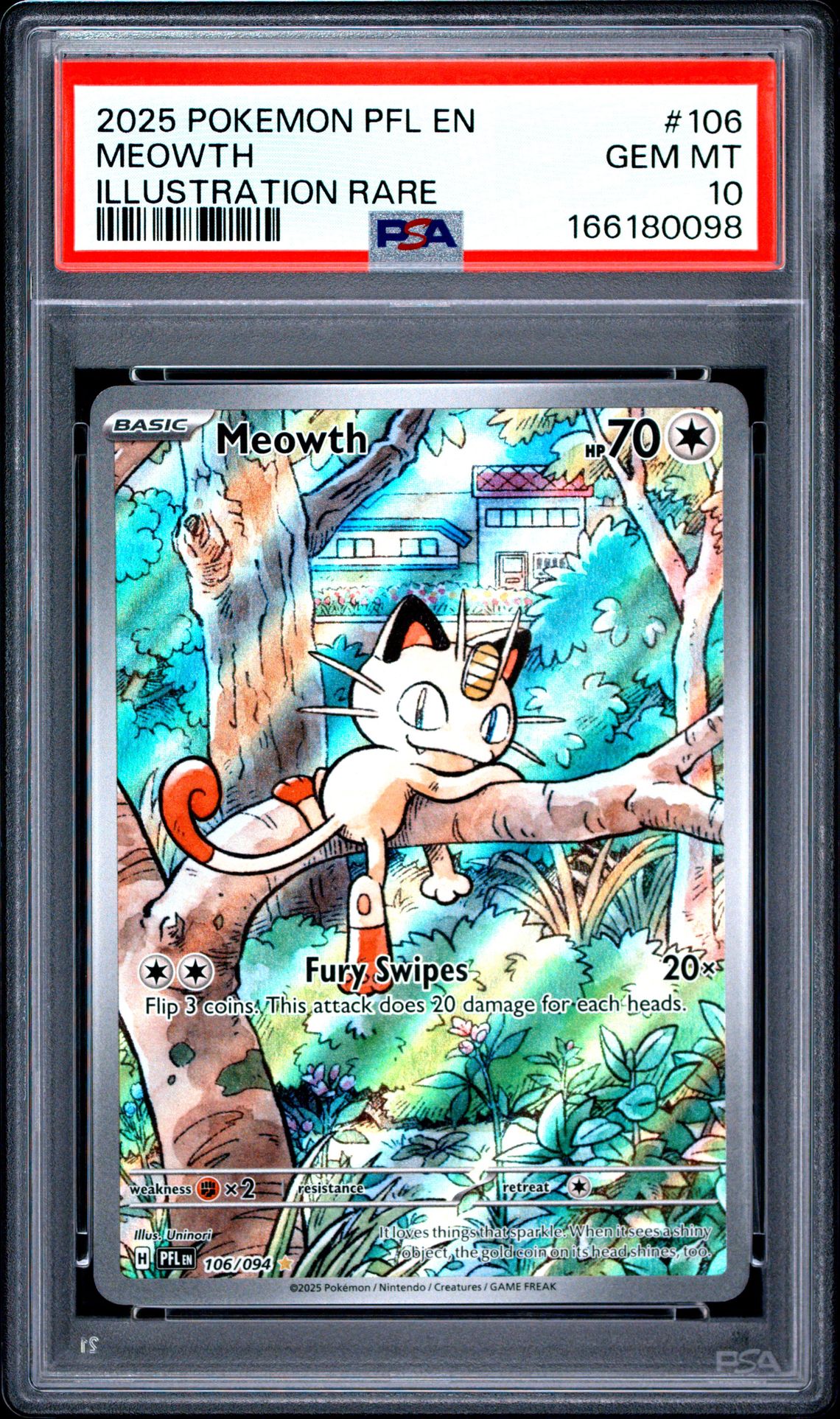 2025 Pokemon Pfl En-Phantasmal Flames Meowth #106 (Illustration Rare) Gem Mt 10 front view - PSA graded GEM MT 10