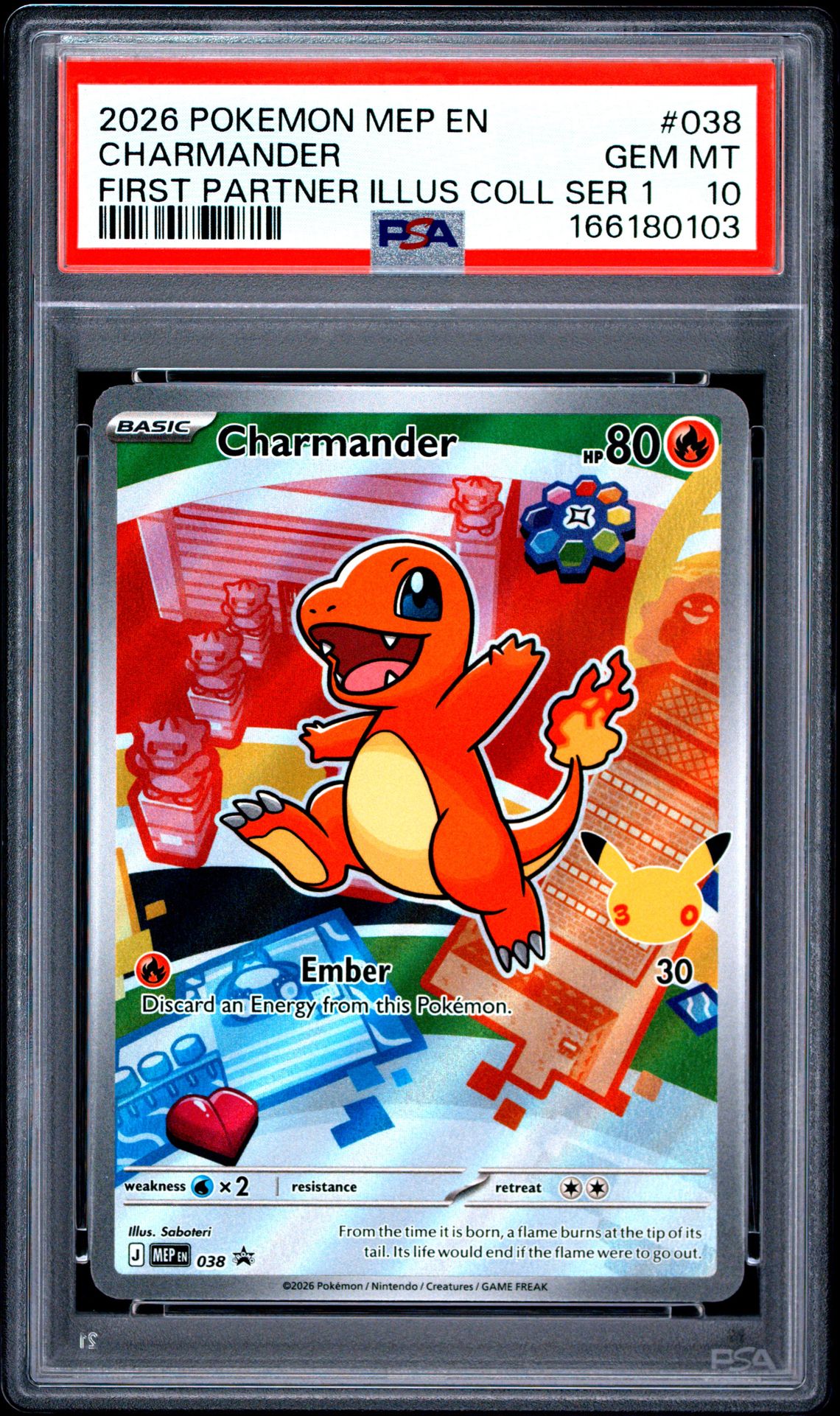 2026 Pokemon Mep En-Me Black Star Promo Charmander #038 (First Partner Illus Coll Ser 1) Gem Mt 10 front view - PSA graded GEM MT 10