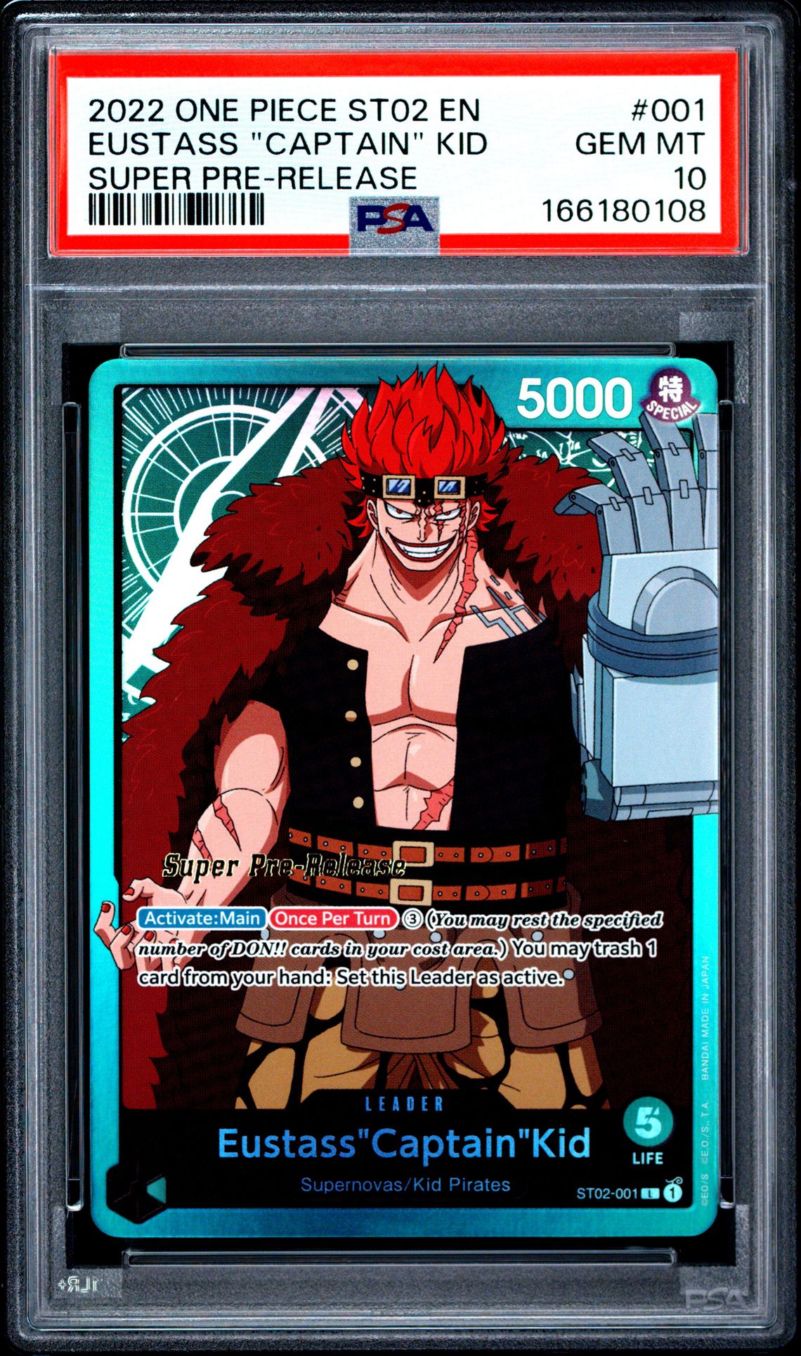 2022 One Piece Starter Deck St02-Worst Generation Eustass "Captain" Kid #001 (Super Pre-Release) Gem Mt 10 front view - PSA graded GEM MT 10