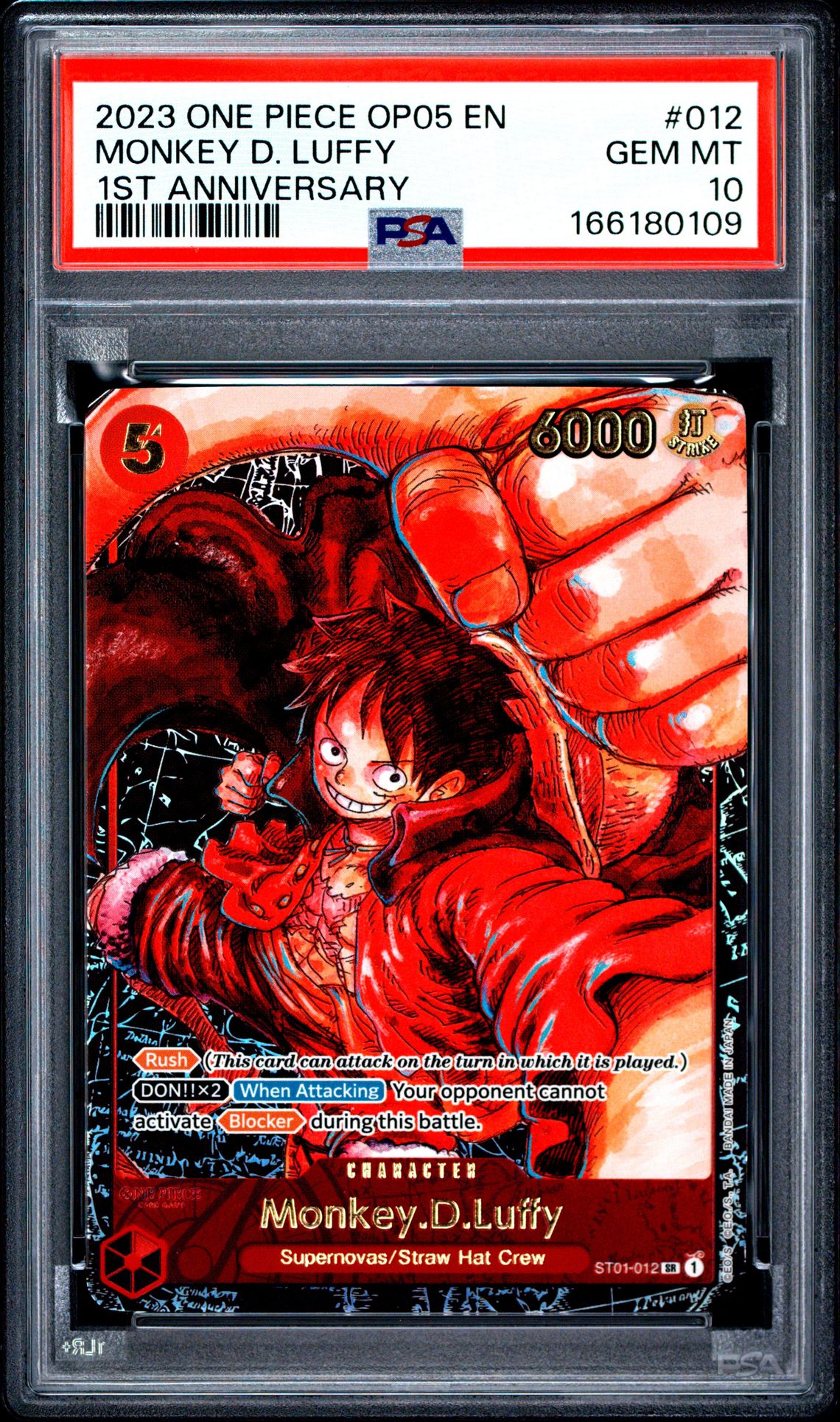 2023 One Piece Op05-Awakening Of The New Era Monkey D. Luffy #012 (1St Anniversary) Gem Mt 10 front