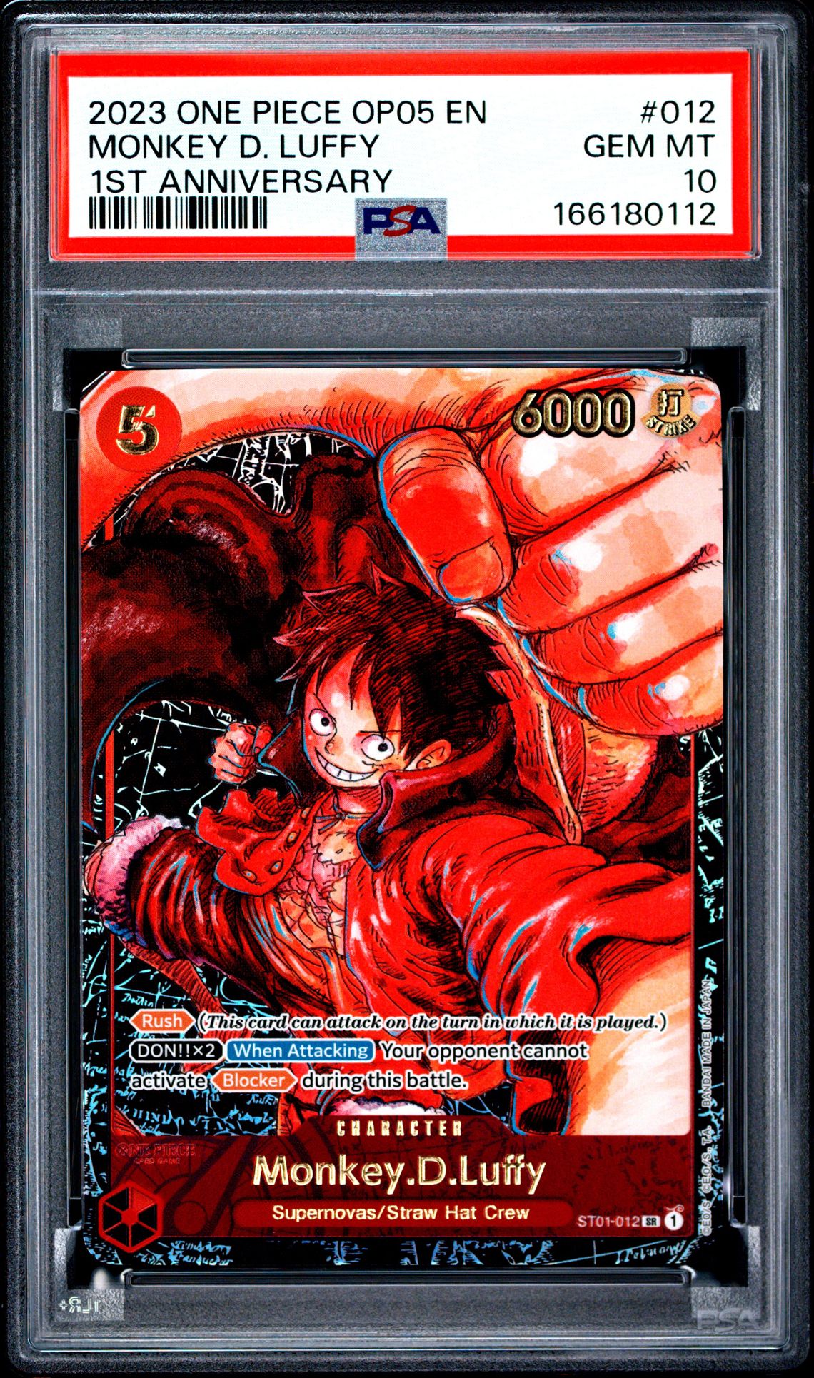 2023 One Piece Op05-Awakening Of The New Era Monkey D. Luffy #012 (1St Anniversary) Gem Mt 10 front view - PSA graded GEM MT 10