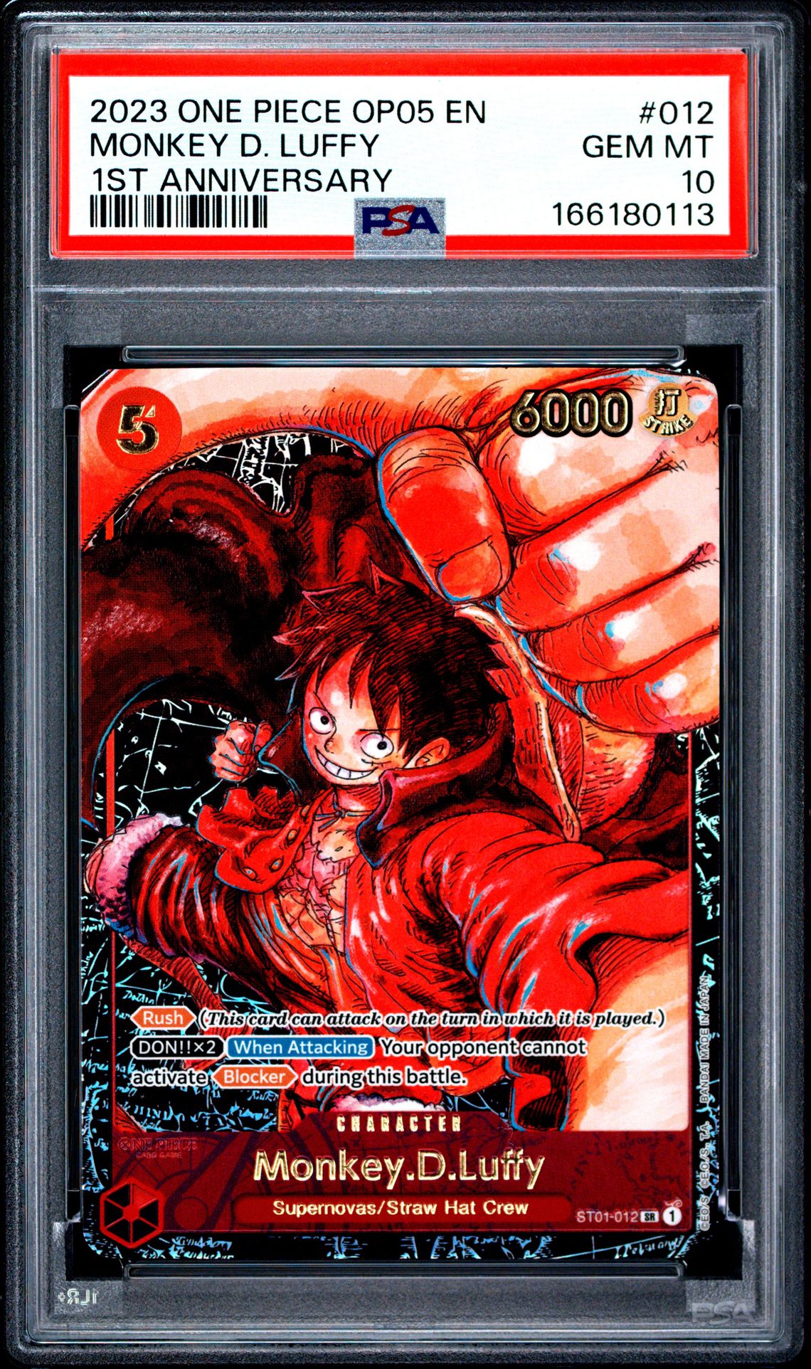 2023 One Piece Op05-Awakening Of The New Era Monkey D. Luffy #012 (1St Anniversary) Gem Mt 10 front view - PSA graded GEM MT 10