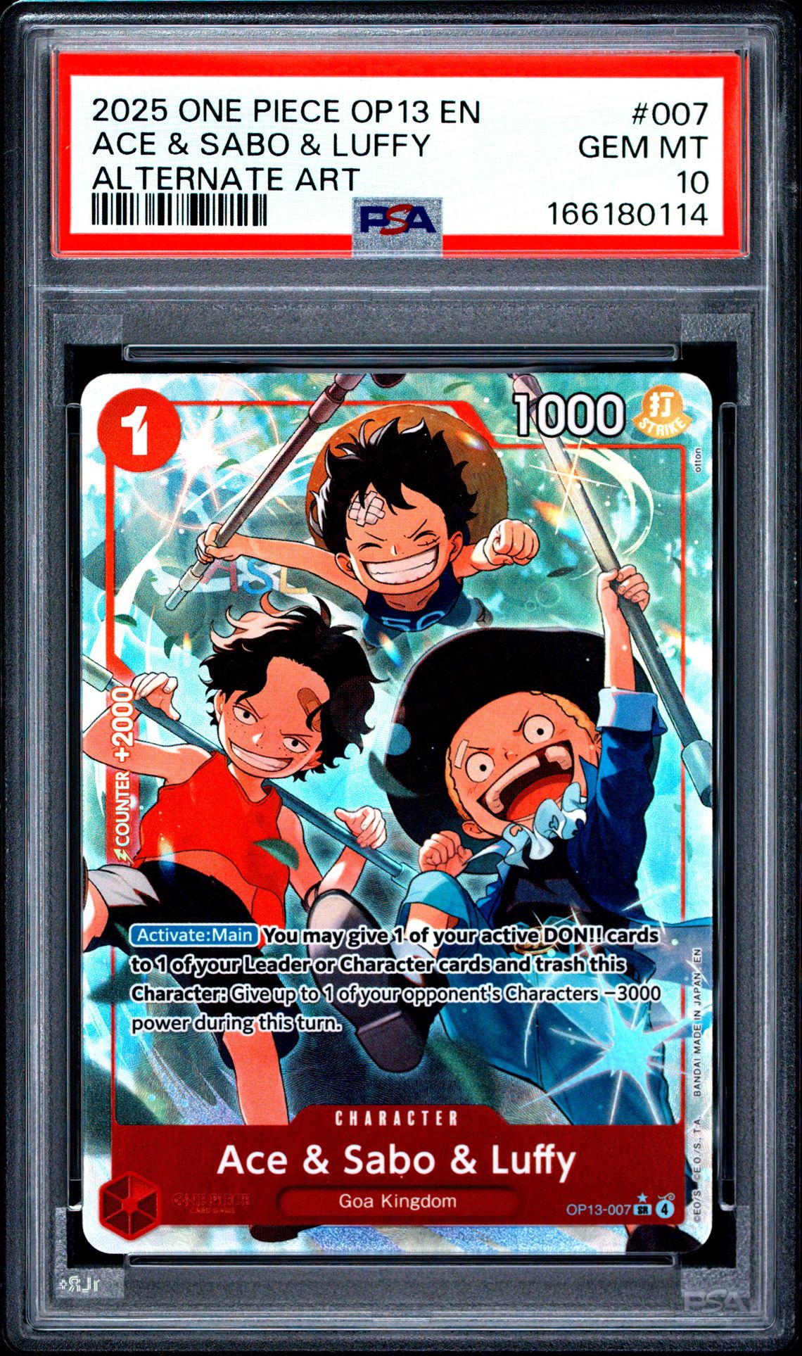 2025 One Piece Op13-Carrying On His Will Ace & Sabo & Luffy #007 (Alternate Art) Gem Mt 10 front view - PSA graded GEM MT 10