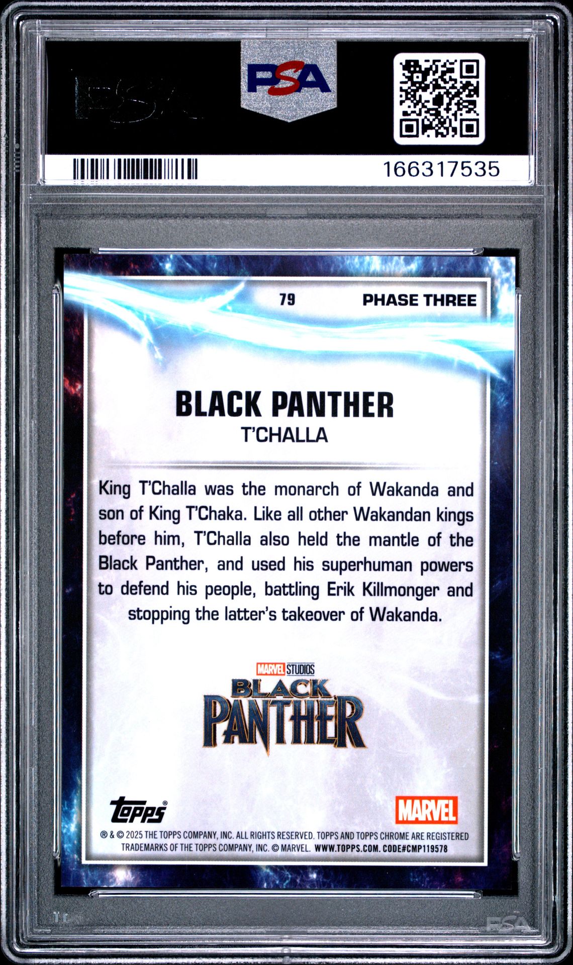 2025 Topps Marvel Studios Chrome Sapphire Edition Black Panther #79 (Black) Gem Mt 10 back