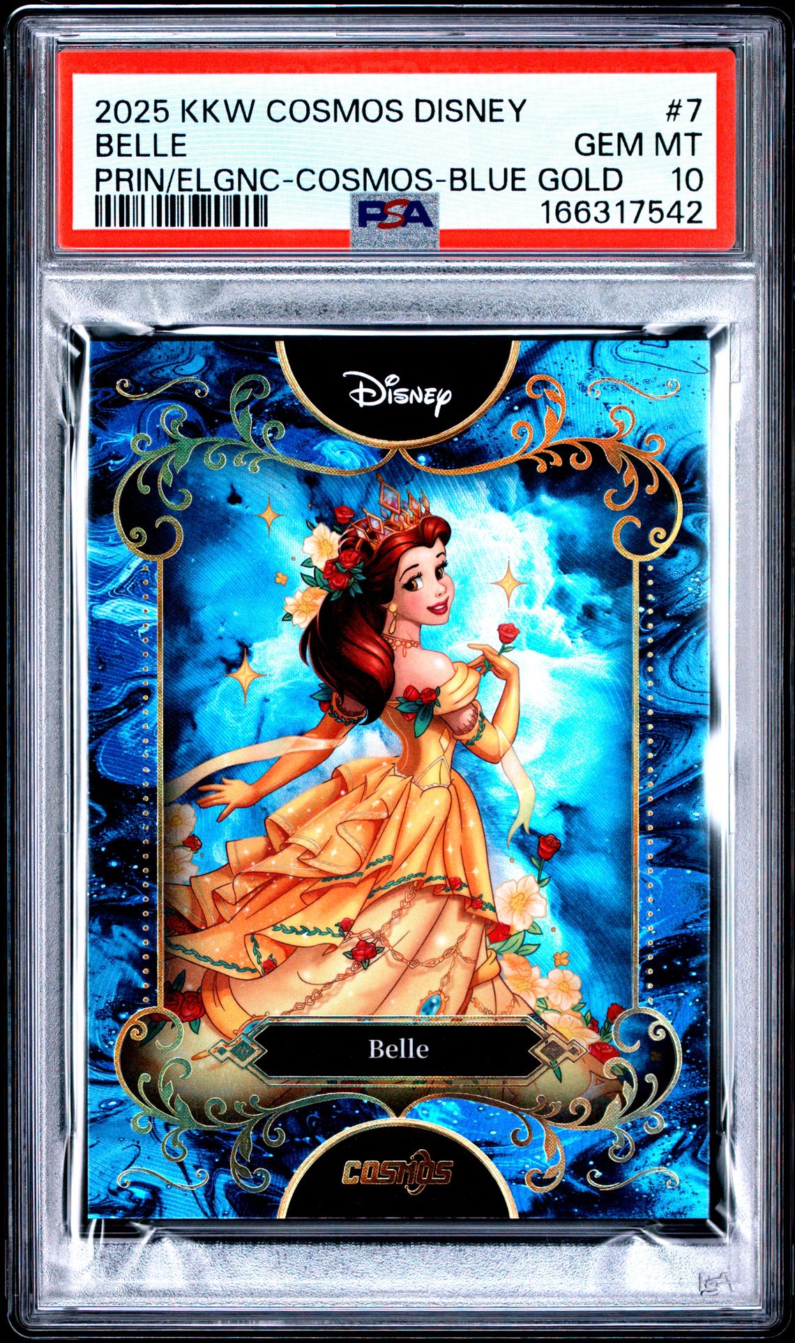 2025 Kakawow Cosmos Disney Princess In Elegance Belle #7 (Prin/Elgnc-Cosmos-Blue Gold) Gem Mt 10 front view - PSA graded GEM MT 10