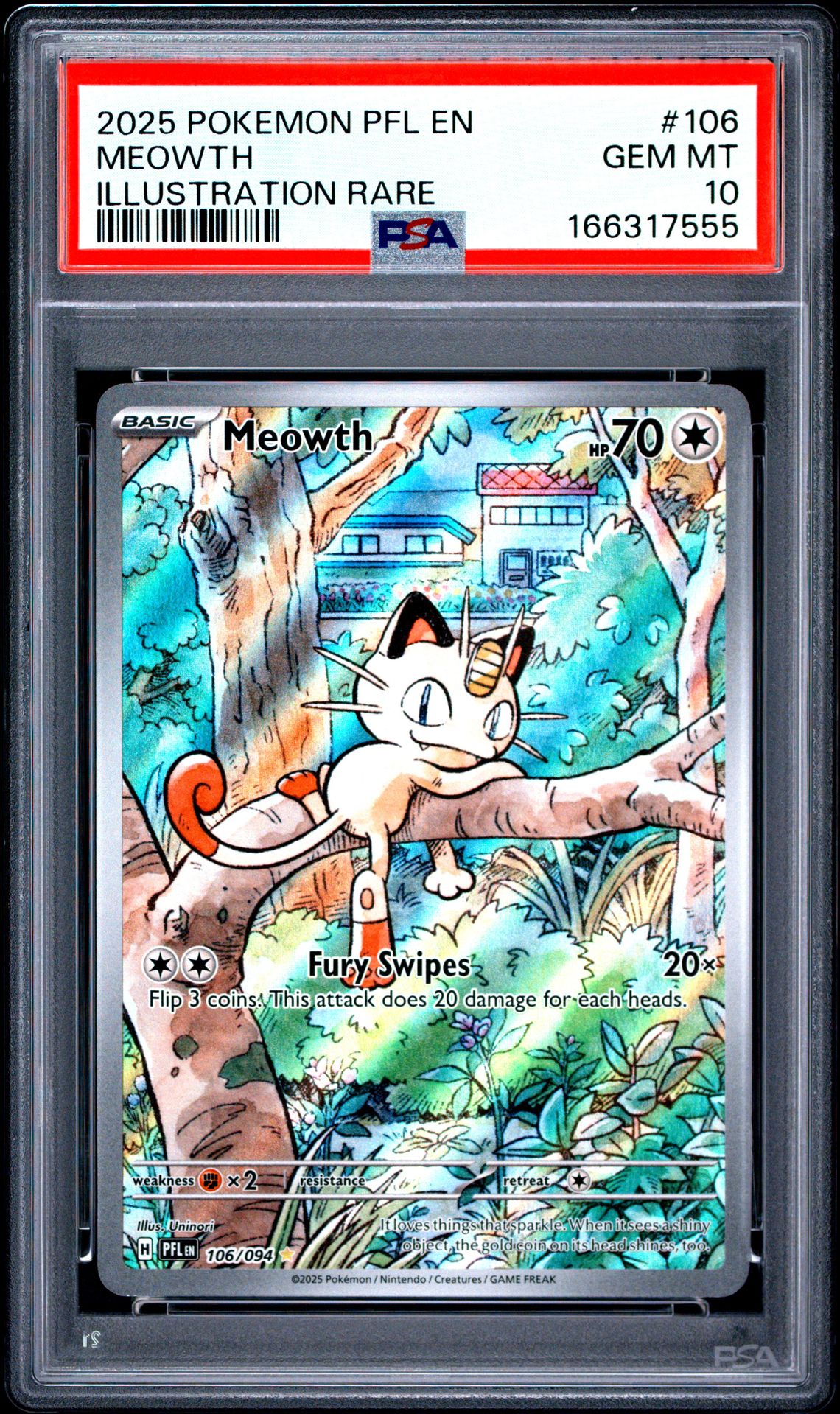 2025 Pokemon Pfl En-Phantasmal Flames Meowth #106 (Illustration Rare) Gem Mt 10 front view - PSA graded GEM MT 10