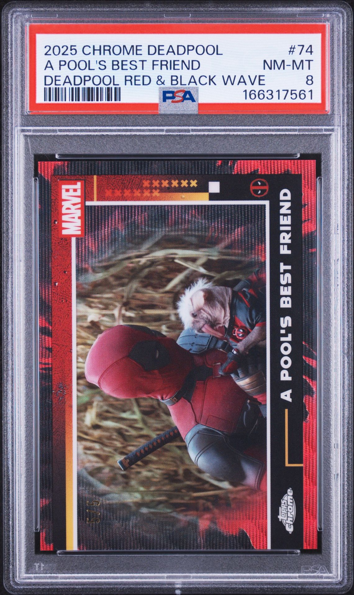 2025 Topps Chrome Deadpool A Pool's Best Friend #74 (Deadpool Red & Black Wave) Nm-Mt 8 front