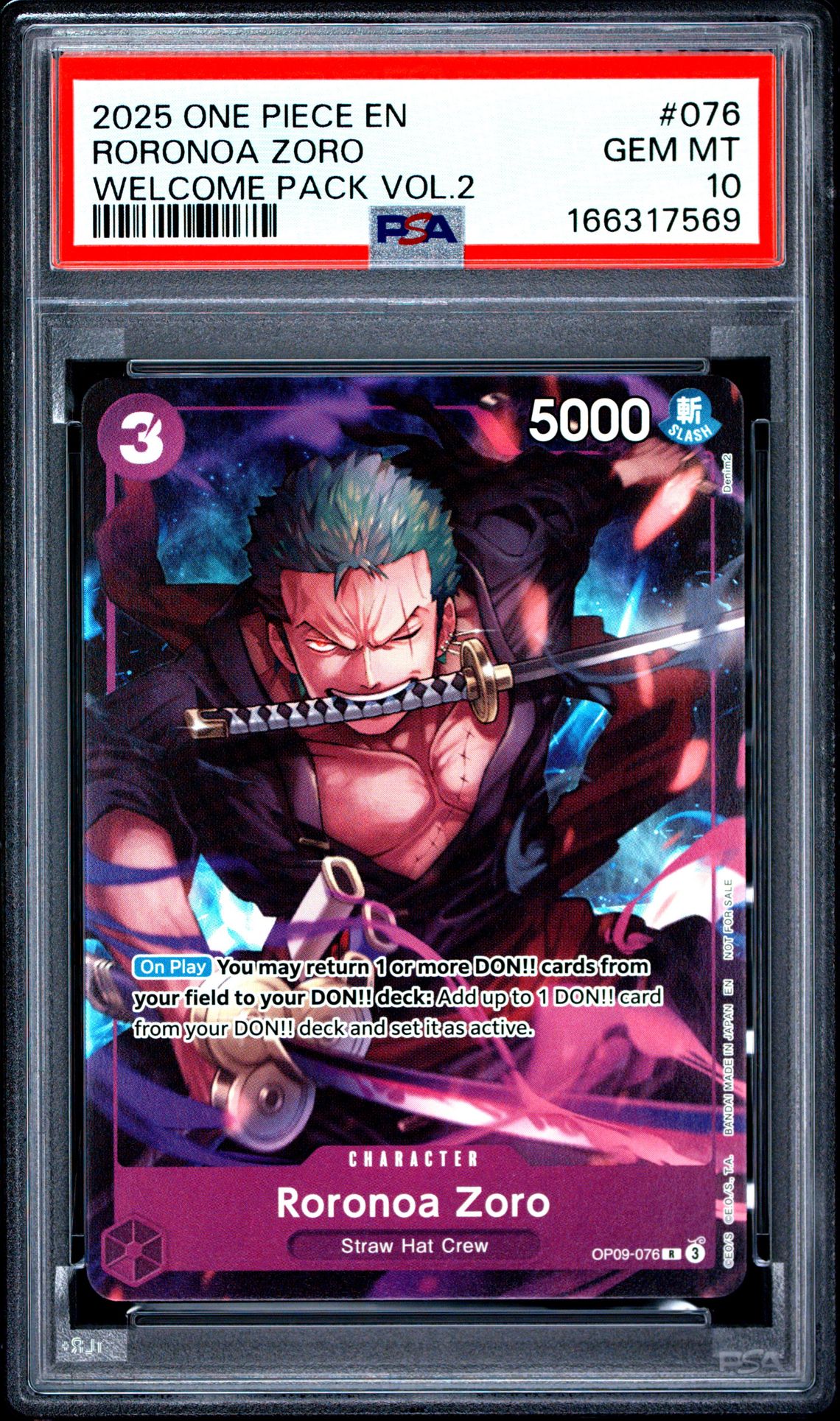 2025 One Piece Welcome Pack Vol.2 Roronoa Zoro #076 Gem Mt 10 front view - PSA graded GEM MT 10