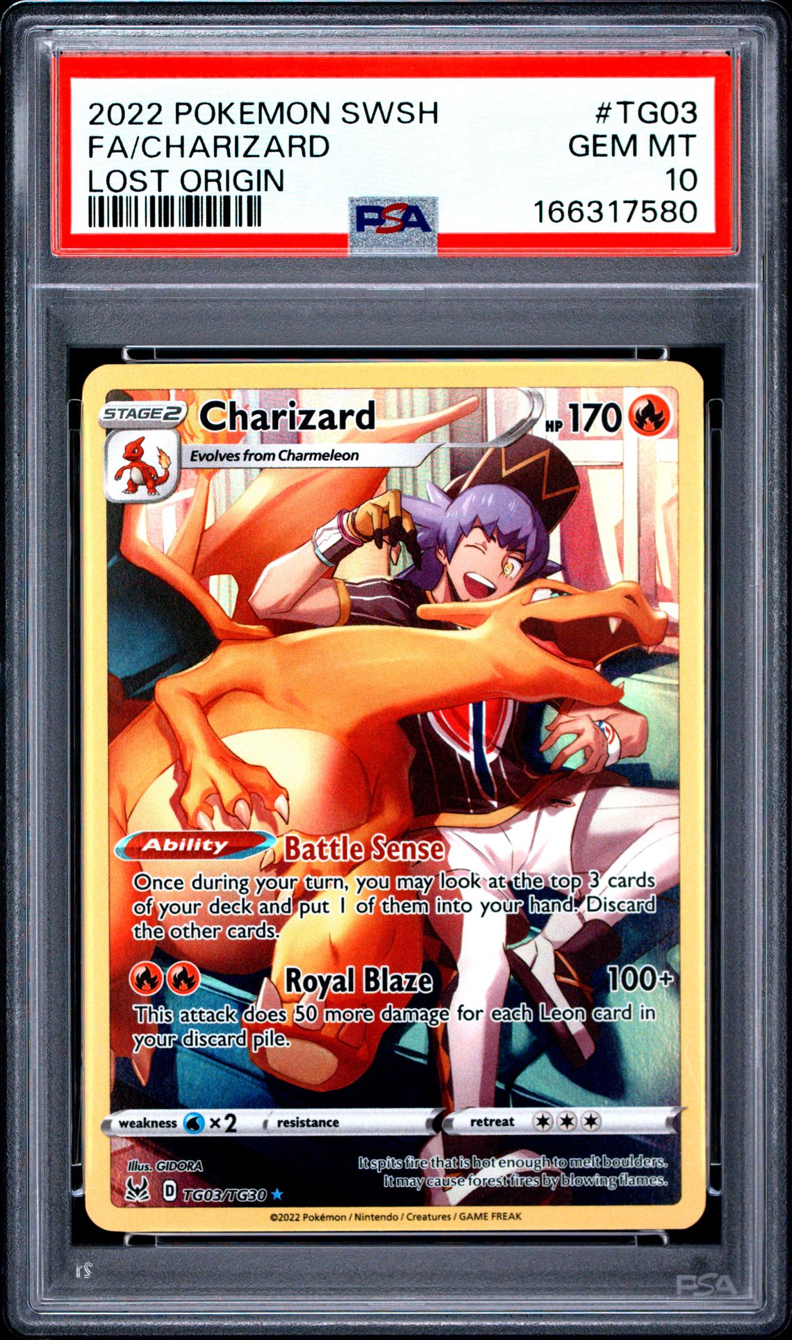 2022 Pokemon Sword & Shield Lost Origin Fa/Charizard #Tg03 (Lost Origin) Gem Mt 10 front view - PSA graded GEM MT 10