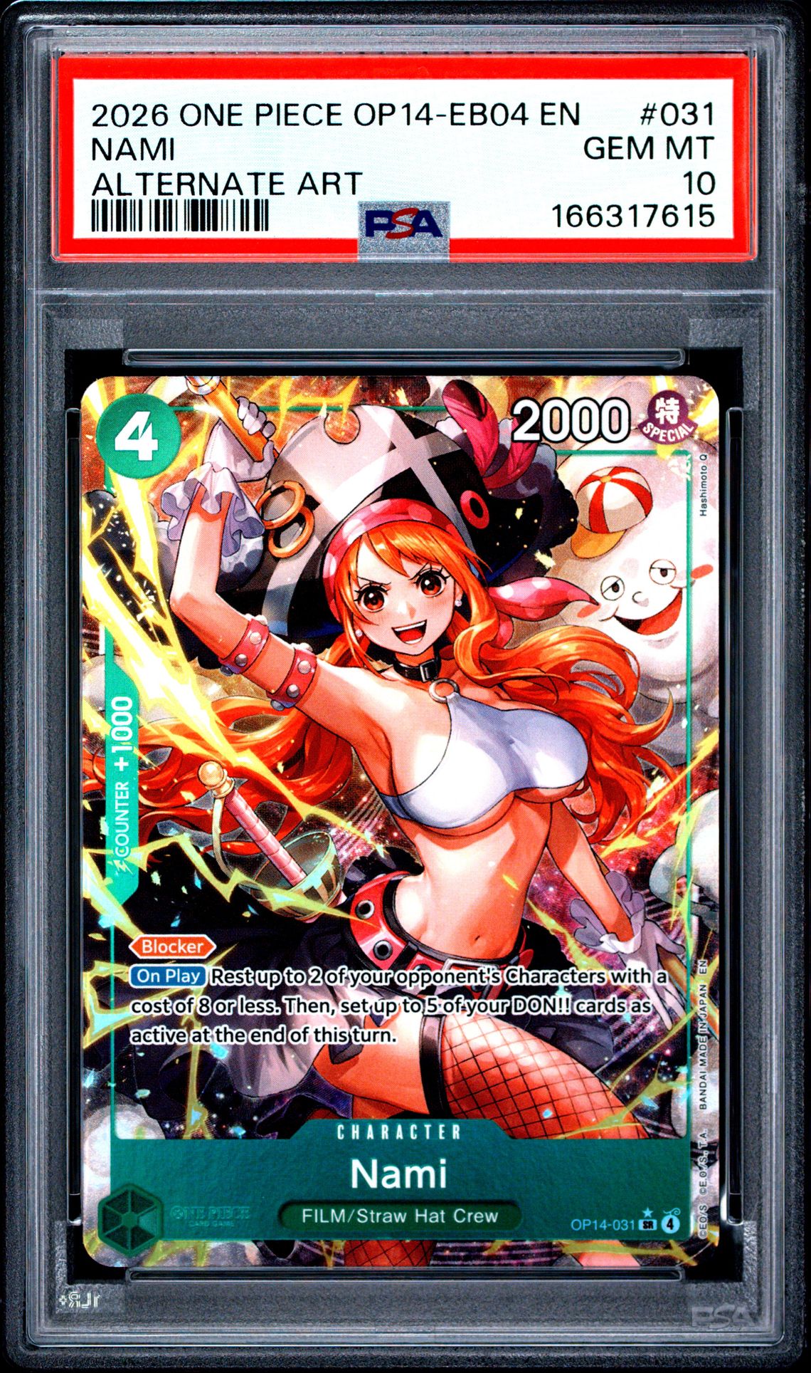 2026 One Piece Op14-Eb04-The Azure Sea's Seven Nami #031 (Alternate Art) Gem Mt 10 front view - PSA graded GEM MT 10