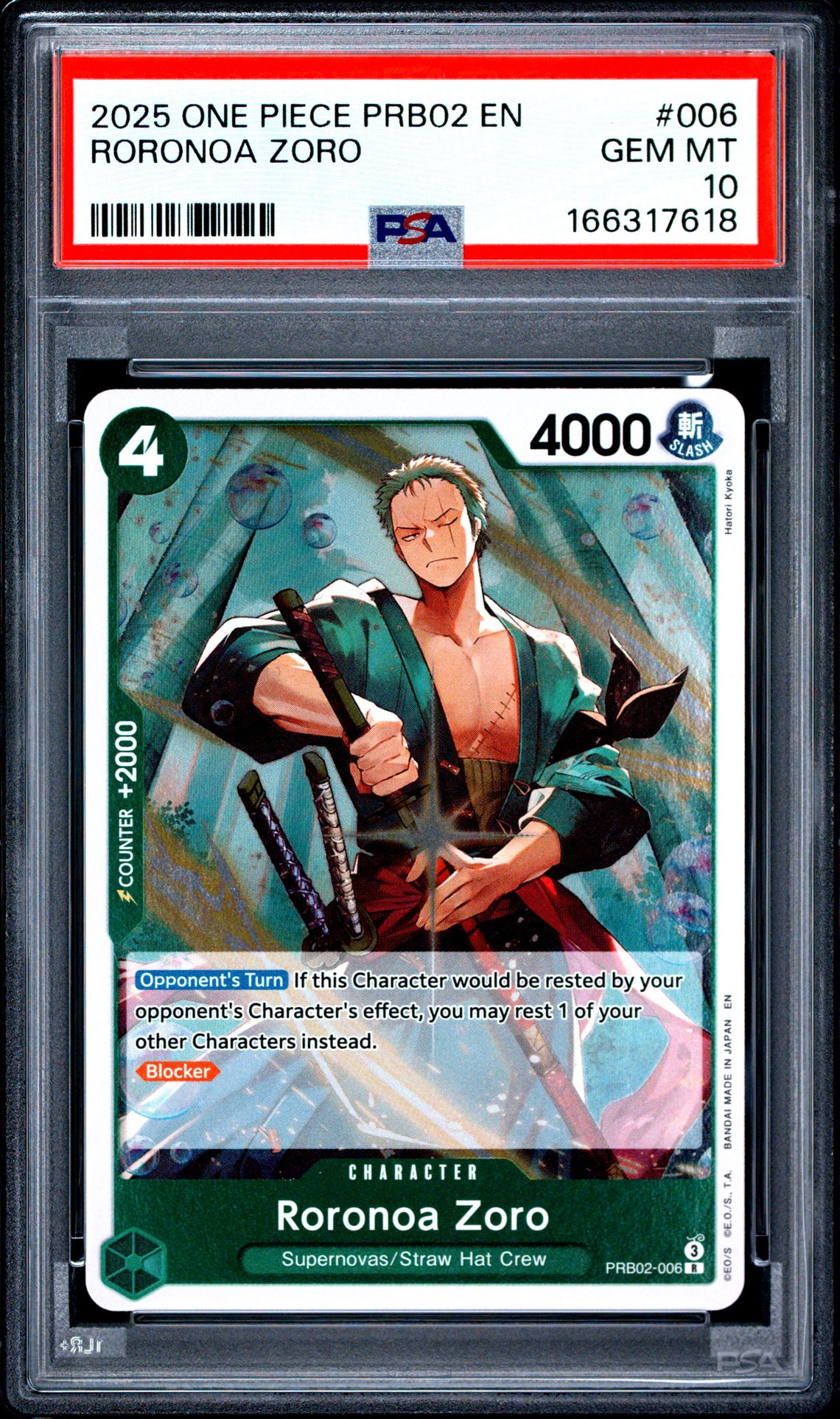 2025 One Piece Prb02-Premium Booster -One Piece Card The Best- Vol.2 Roronoa Zoro #006 Gem Mt 10 front view - PSA graded GEM MT 10