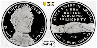 2026-S 25C Gettysburg Address Ag PR70DCAM