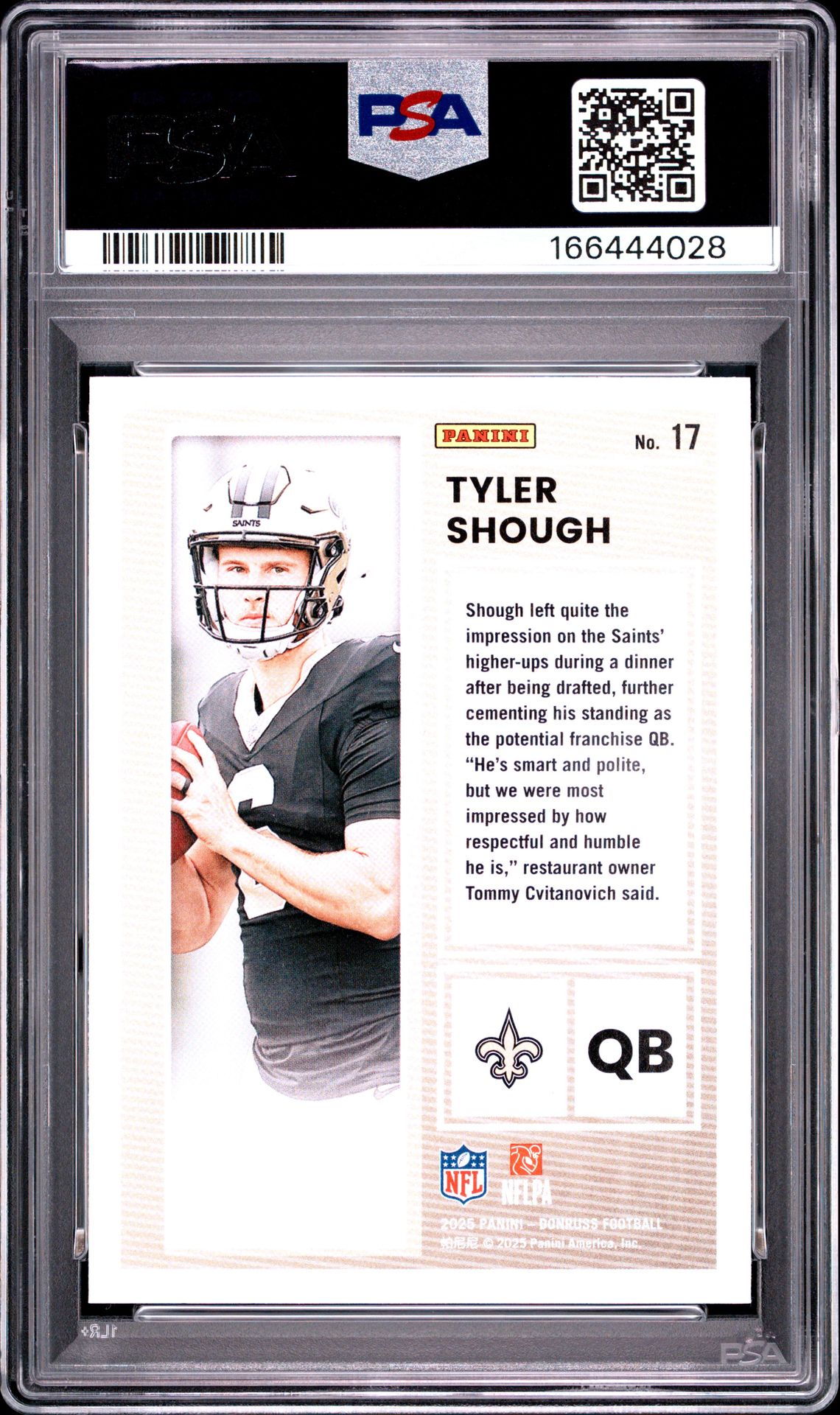 2025 Panini Donruss The Rookies Tyler Shough #17 Gem Mt 10 back view - PSA certificate #166444028
