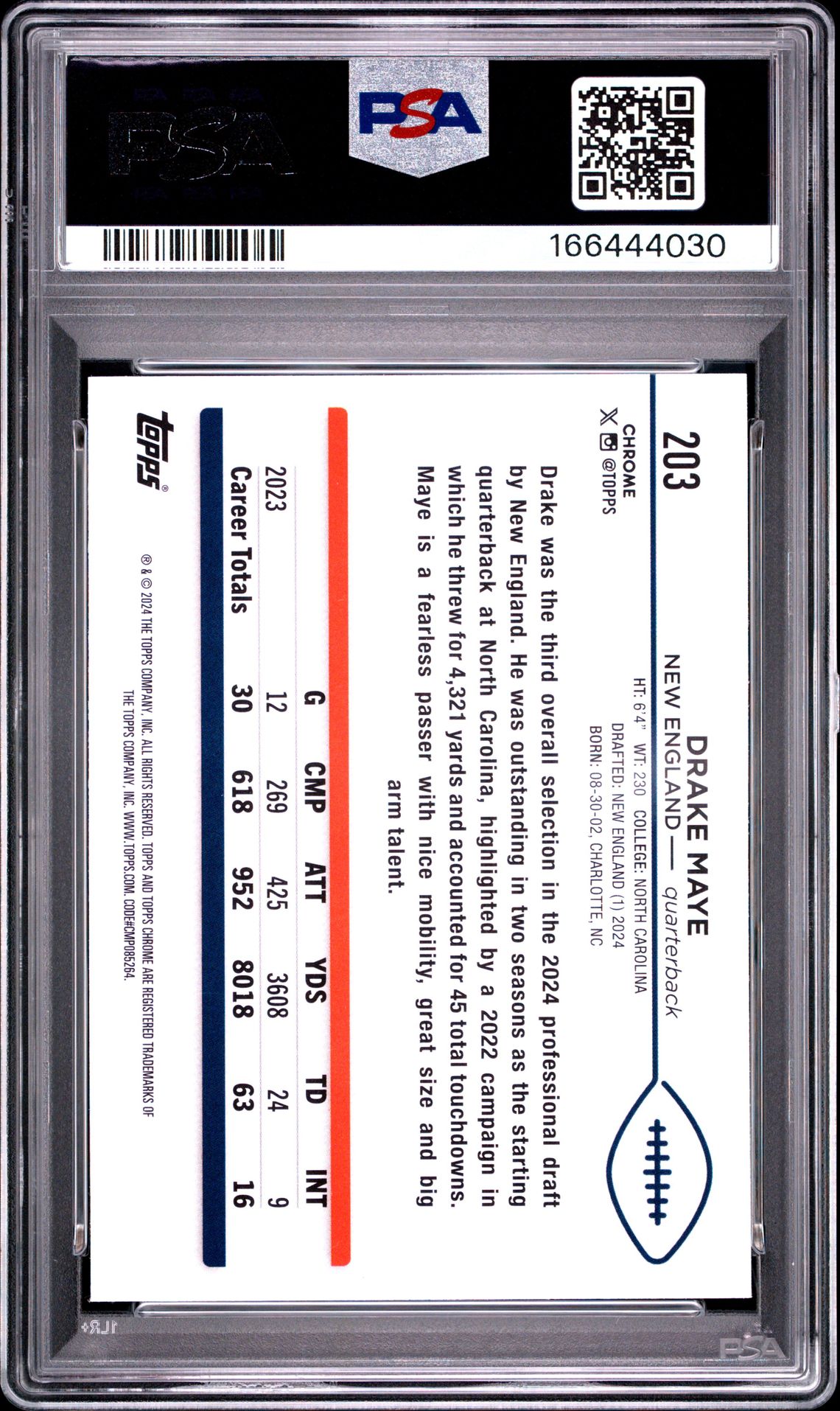 2024 Topps Chrome Drake Maye #203 (X-Fractor) Gem Mt 10 back view - PSA certificate #166444030