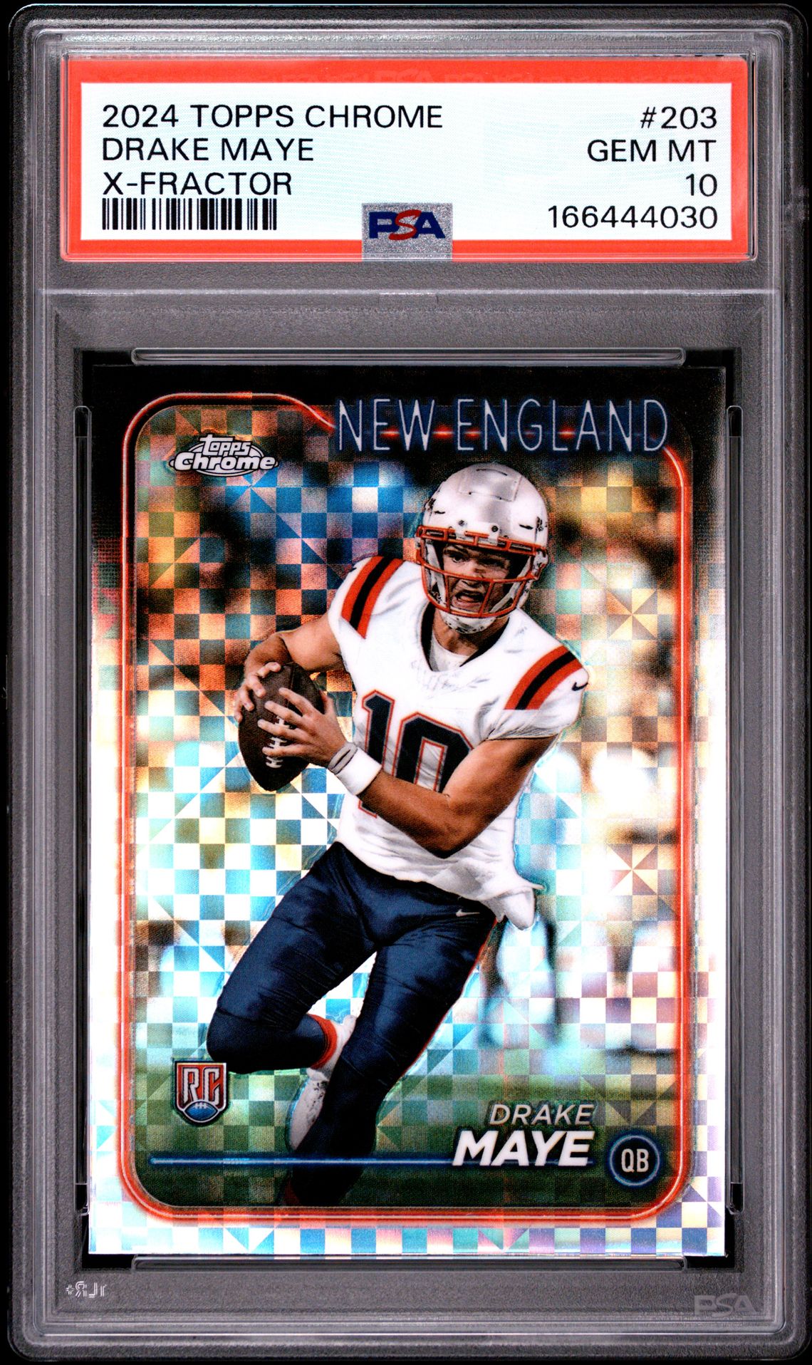 2024 Topps Chrome Drake Maye #203 (X-Fractor) Gem Mt 10 front view - PSA graded GEM MT 10