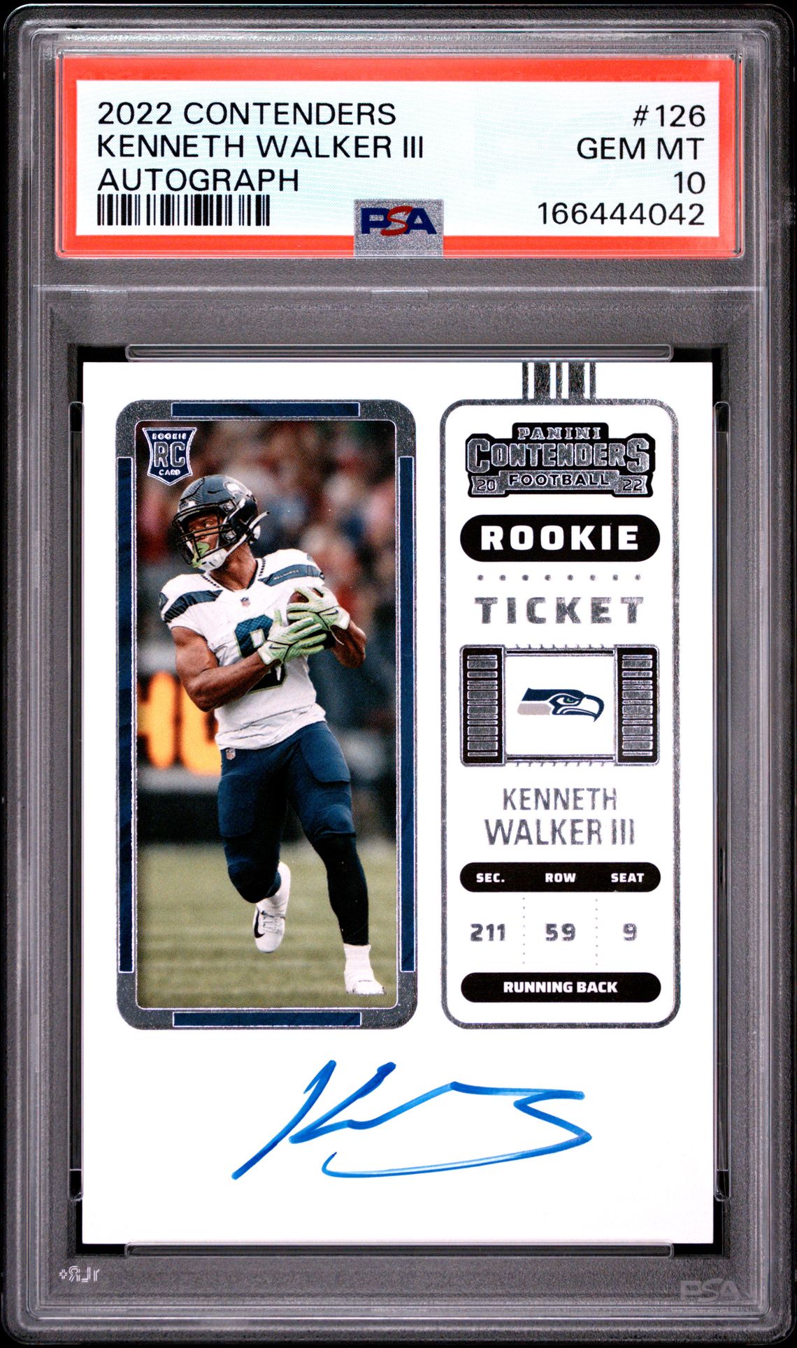 2022 Panini Contenders Kenneth Walker Iii #126 (Autograph) Gem Mt 10 front view - PSA graded GEM MT 10