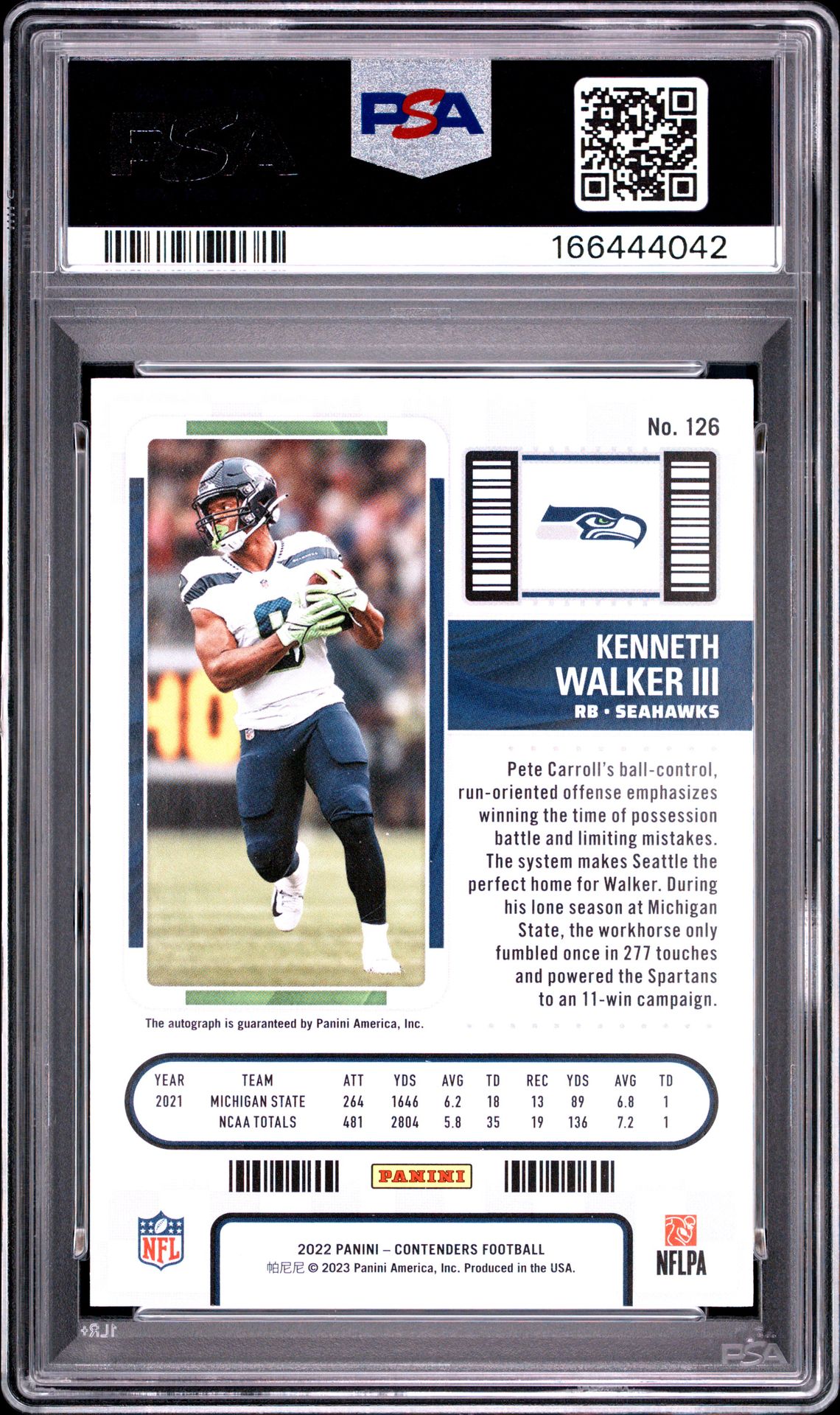 2022 Panini Contenders Kenneth Walker Iii #126 (Autograph) Gem Mt 10 back view - PSA certificate #166444042