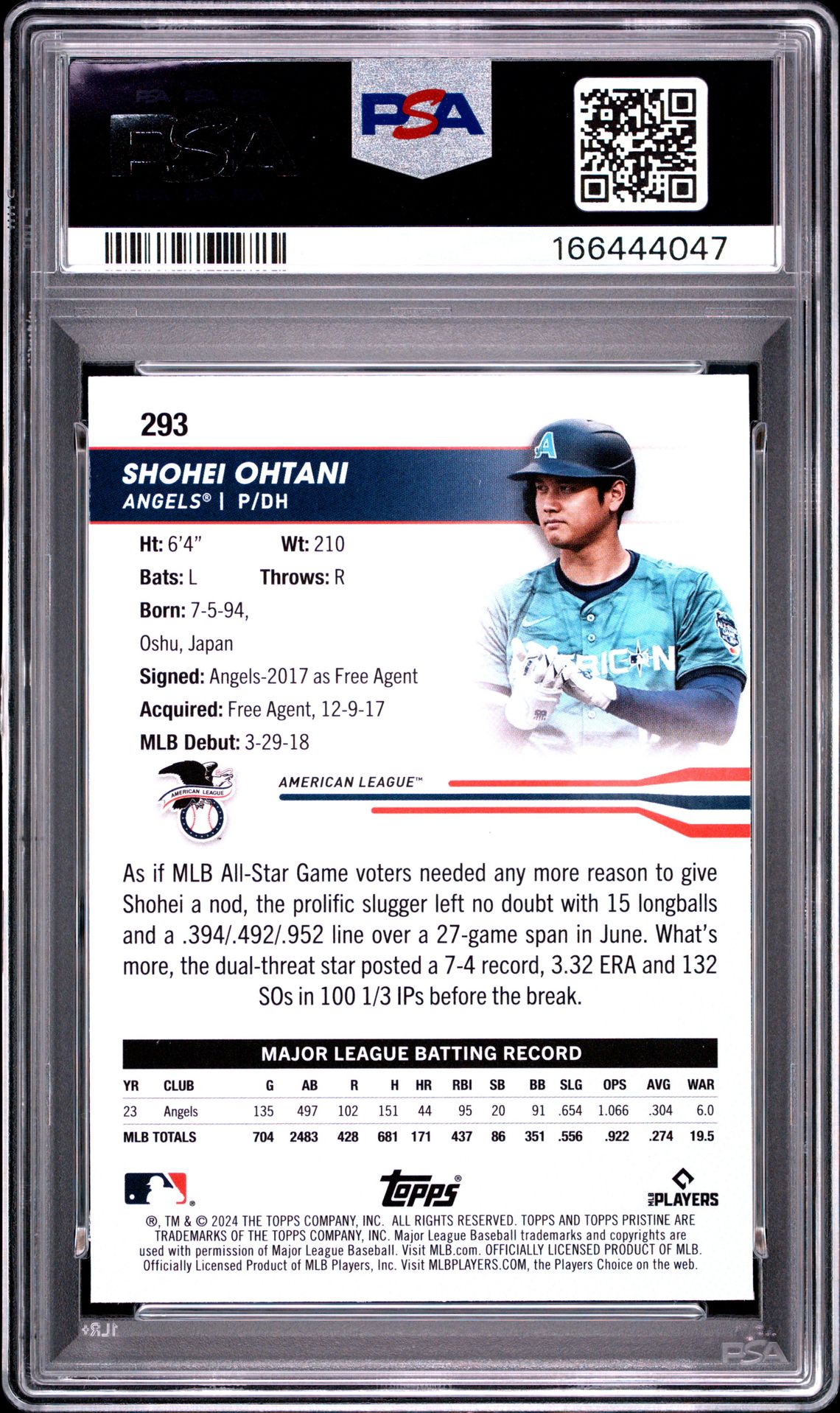 2024 Topps Pristine Shohei Ohtani #293 Gem Mt 10 back view - PSA certificate #166444047