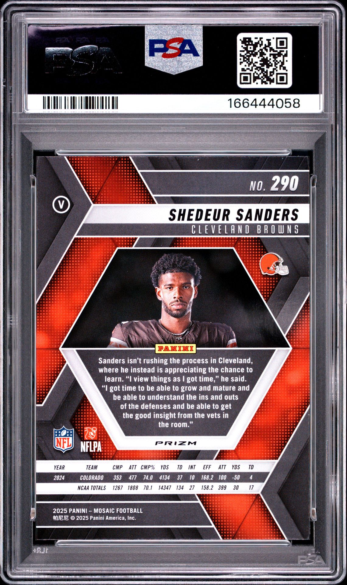 2025 Panini Mosaic Shedeur Sanders #290 (Genesis) Gem Mt 10 back view - PSA certificate #166444058