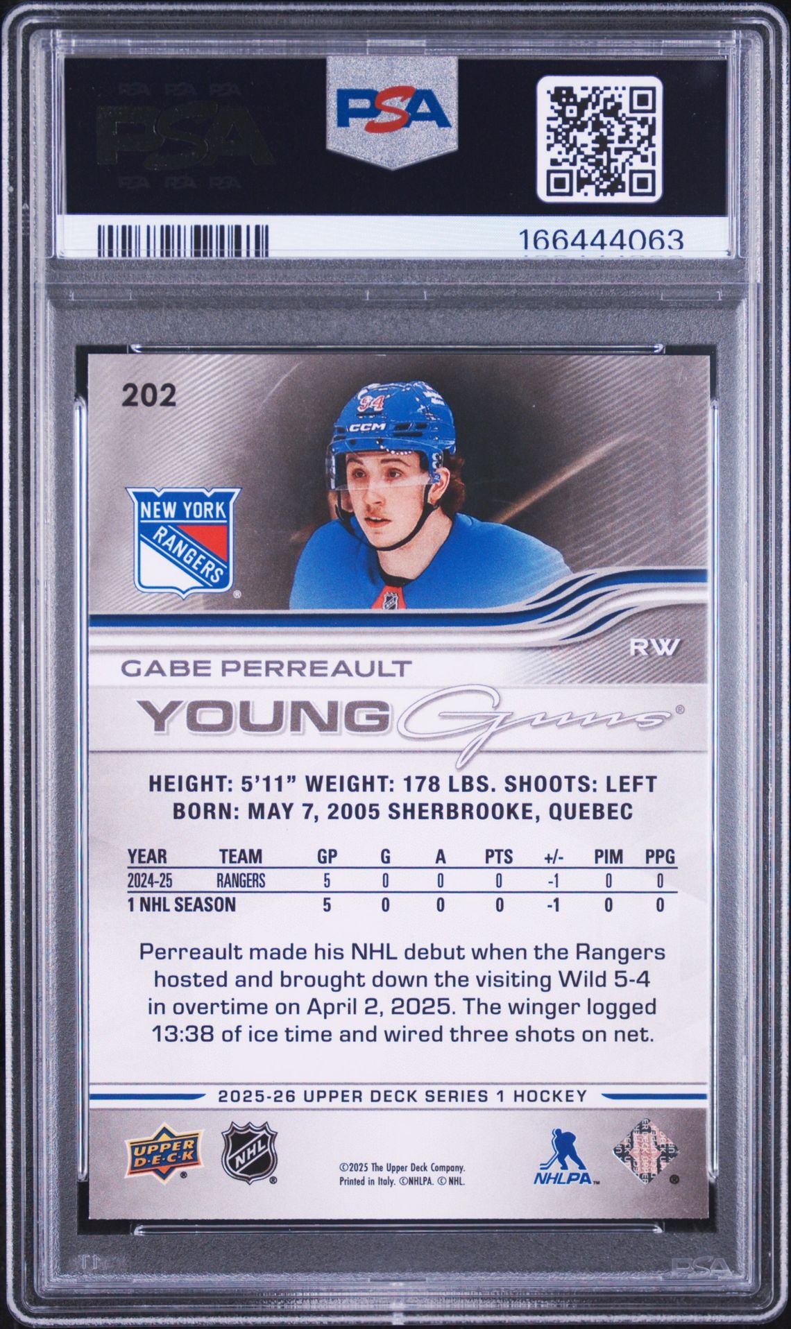 2025 Upper Deck Gabe Perreault #202 Gem Mt 10 back view - PSA certificate #166444063