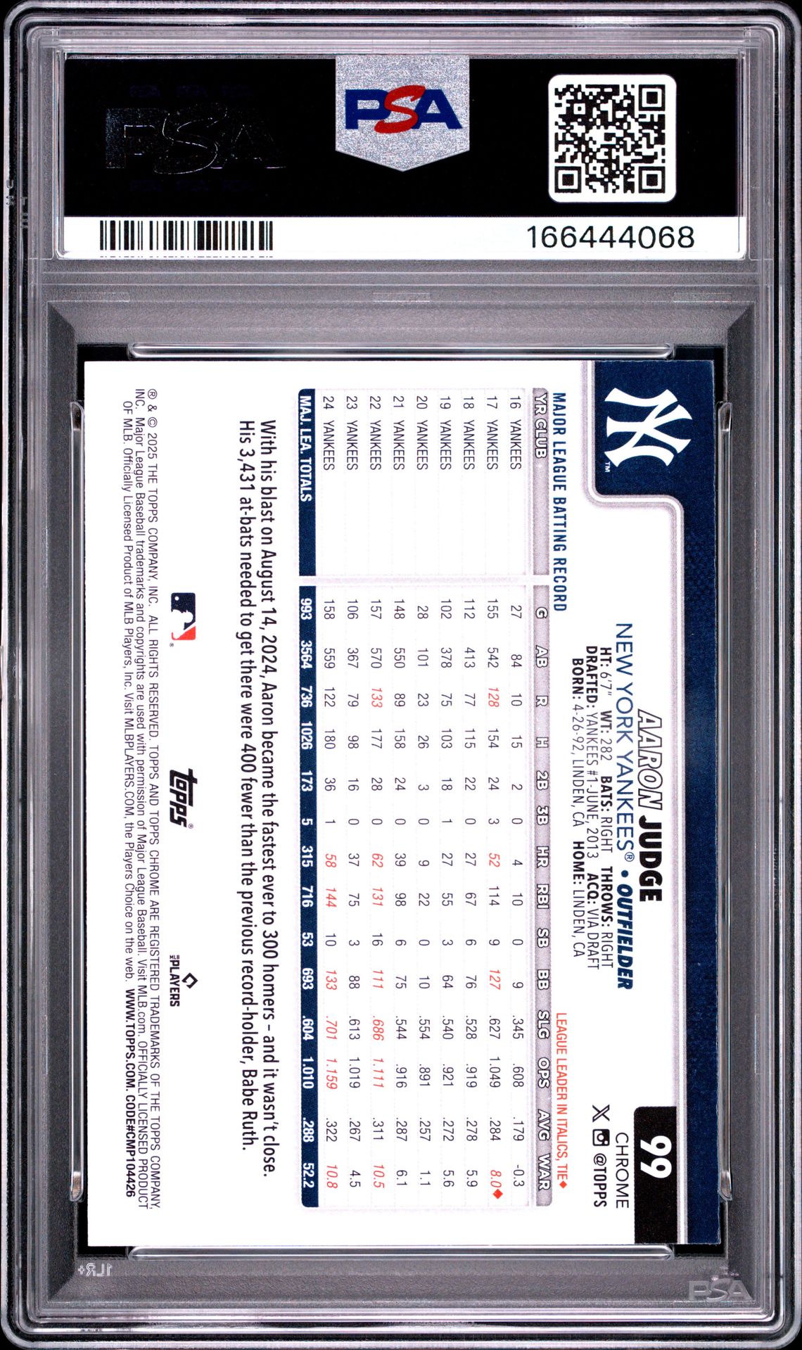 2025 TOPPS CHROME AARON JUDGE PRISM REFRACTOR 99 GEM MT 10 back