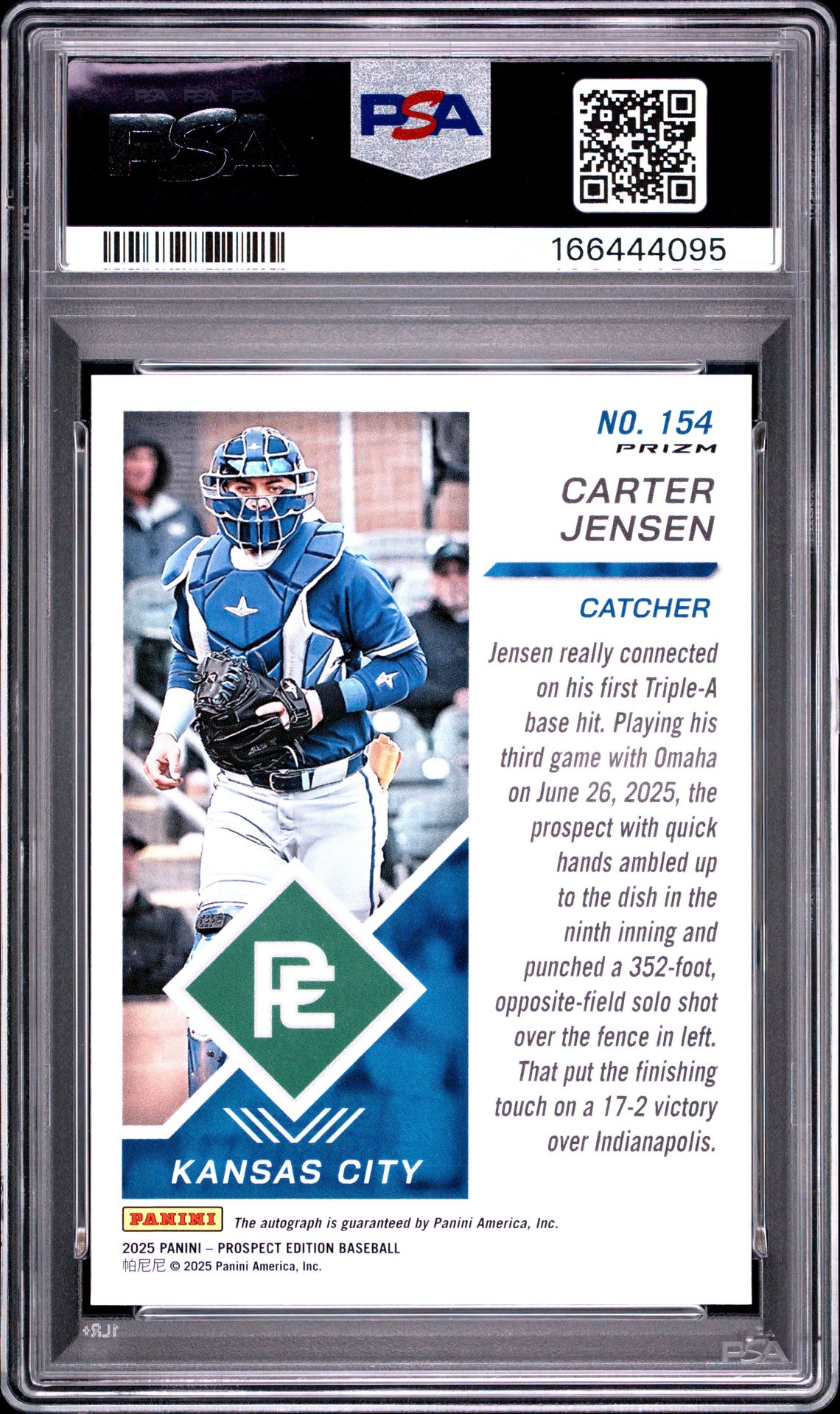 2025 Panini Prospect Edition Prospect Ticket Carter Jensen #154 (Holo-Signature-Silver Prizm) Gem Mt 10 back view - PSA certificate #166444095