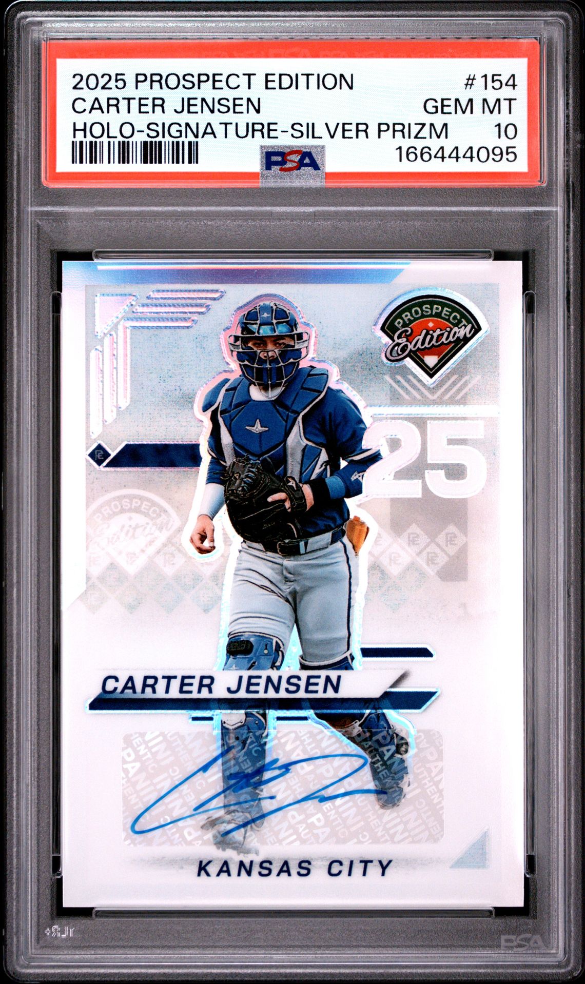 2025 Panini Prospect Edition Prospect Ticket Carter Jensen #154 (Holo-Signature-Silver Prizm) Gem Mt 10 front view - PSA graded GEM MT 10