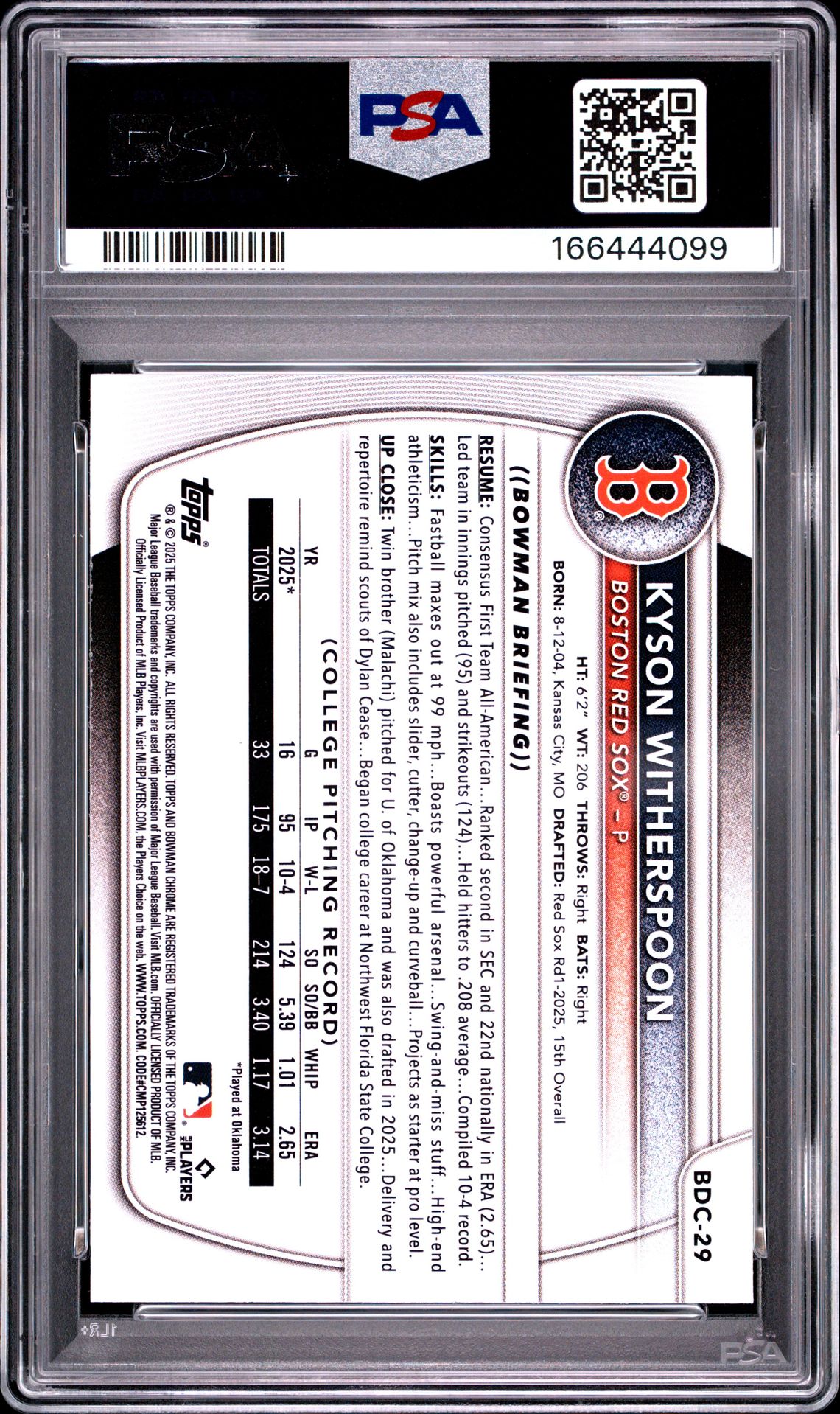 2025 Bowman Draft Sapphire Edition Kyson Witherspoon #29 (Yellow) Gem Mt 10 back view - PSA certificate #166444099