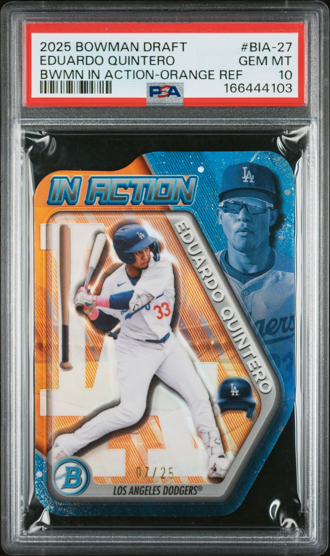 2025 Bowman Draft Bowman In Action Eduardo Quintero #Bia-27 (Bwmn In Action-Orange Ref) Gem Mt 10 front view - PSA graded GEM MT 10