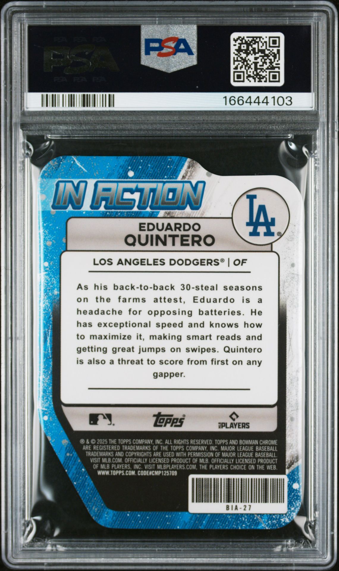 2025 Bowman Draft Bowman In Action Eduardo Quintero #Bia-27 (Bwmn In Action-Orange Ref) Gem Mt 10 back view - PSA certificate #166444103