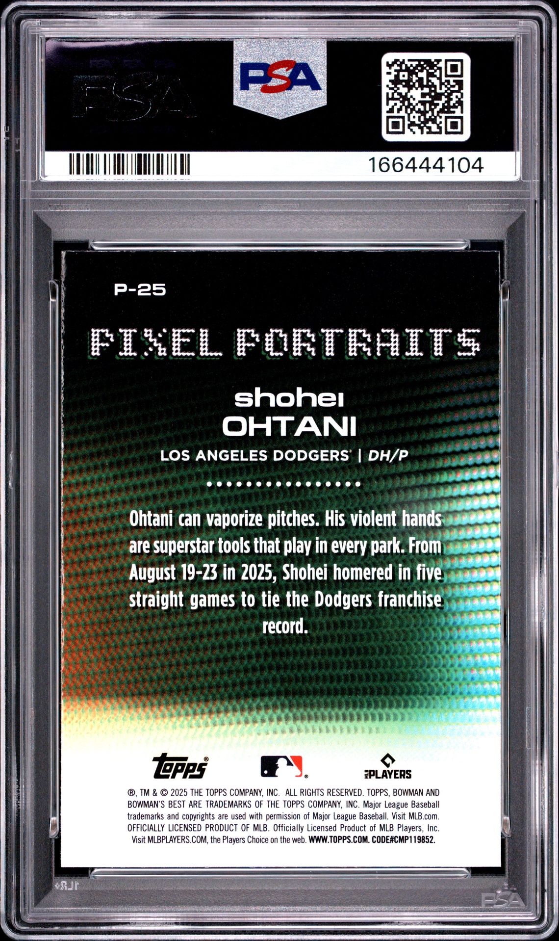 2025 Bowman's Best Pixel Portraits Shohei Ohtani #P-25 Gem Mt 10 back view - PSA certificate #166444104