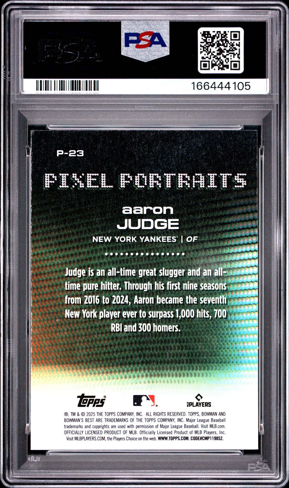 2025 BOWMAN'S BEST PIXEL PORTRAITS AARON JUDGE  P-23 GEM MT 10 back