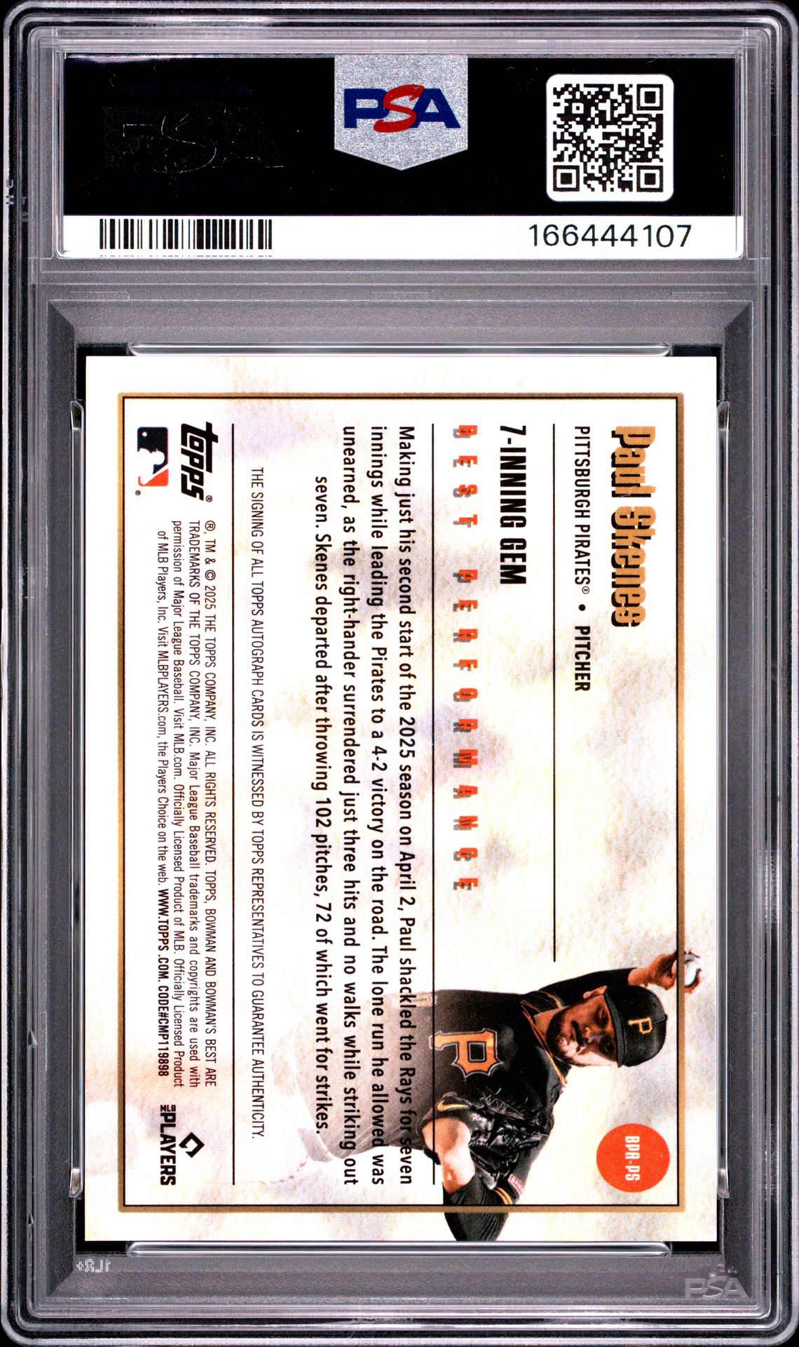 2025 Bowman's Best Best Performance Autographs Paul Skenes #Bpa-Ps Gem Mt 10 back view - PSA certificate #166444107