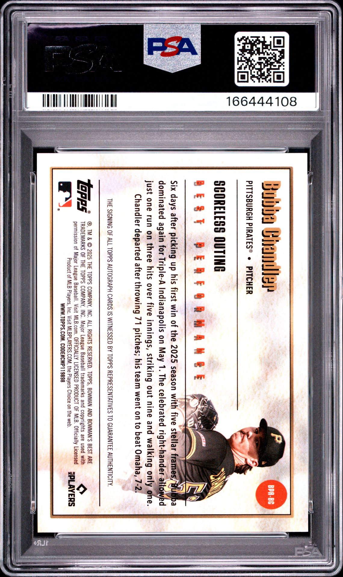 2025 Bowman's Best Best Performance Autographs Bubba Chandler #Bpa-Bc Gem Mt 10 back view - PSA certificate #166444108