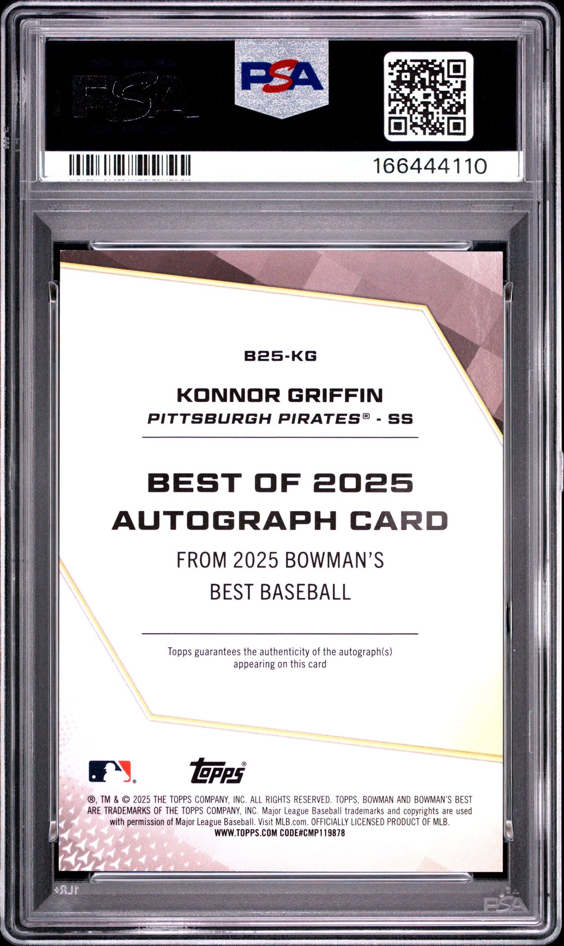 2025 Bowman's Best Best Of 2025 Autographs Konnor Griffin #B25-Kg (Best Of 2025 Auto-Green Ref) Gem Mt 10 back view - PSA certificate #166444110