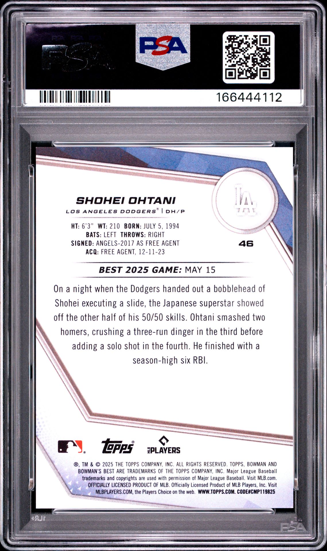 2025 Bowman's Best Shohei Ohtani #46 (Yellow Refractor) Gem Mt 10 back view - PSA certificate #166444112
