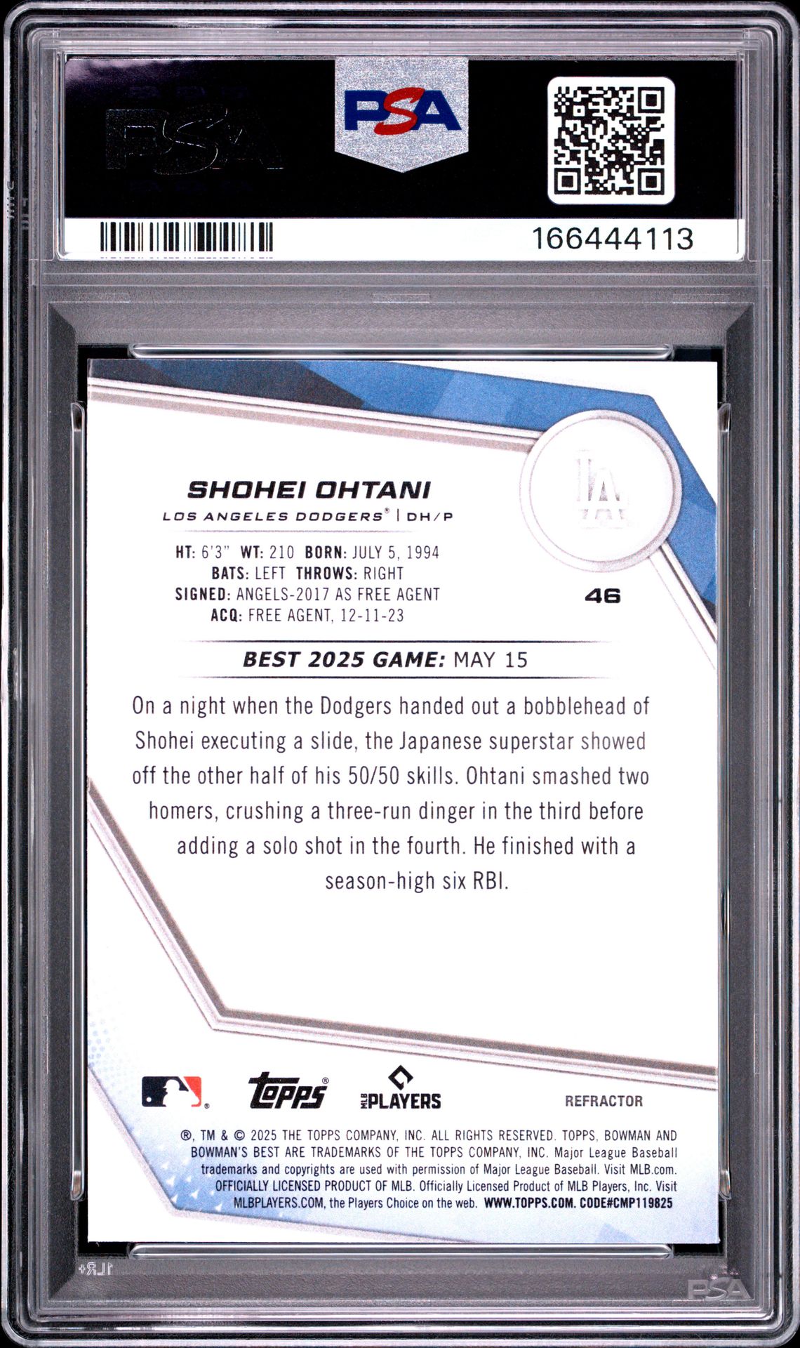 2025 Bowman's Best Shohei Ohtani #46 (Refractor) Gem Mt 10 back view - PSA certificate #166444113