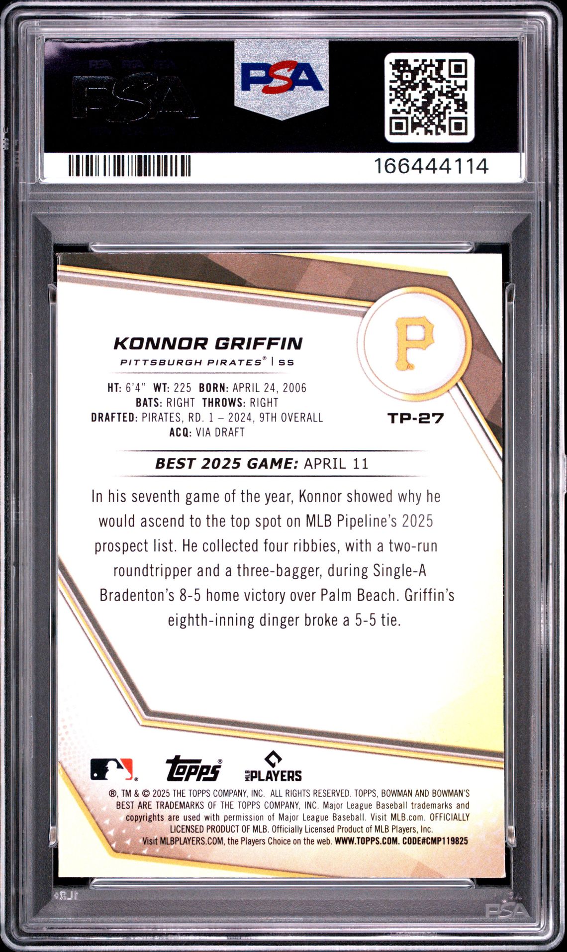 2025 Bowman's Best Top Prospects Konnor Griffin #Tp-27 (Top Prospects-Mini Diamond) Gem Mt 10 back view - PSA certificate #166444114