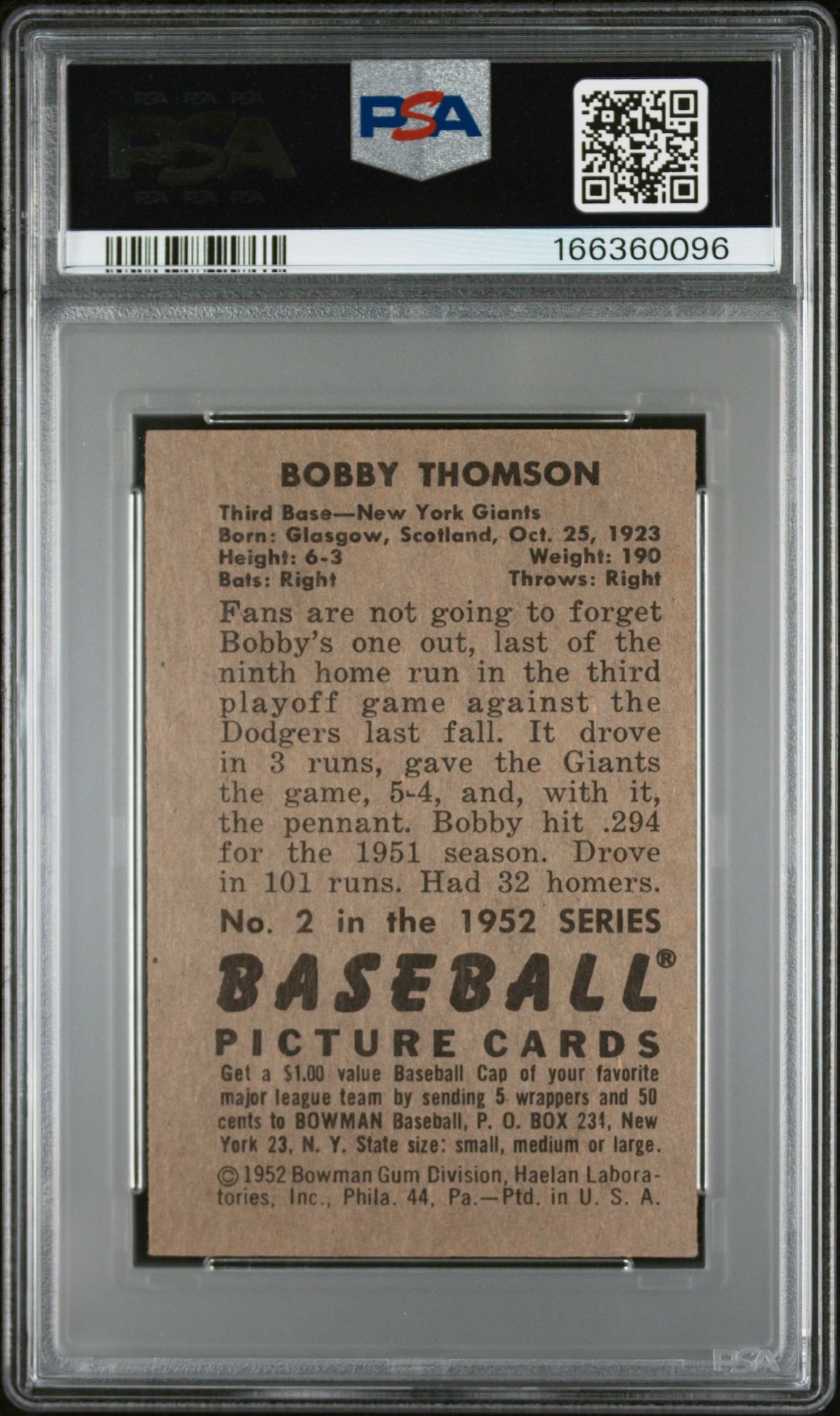 1952 Bowman Bobby Thomson #2 Vg 3 back