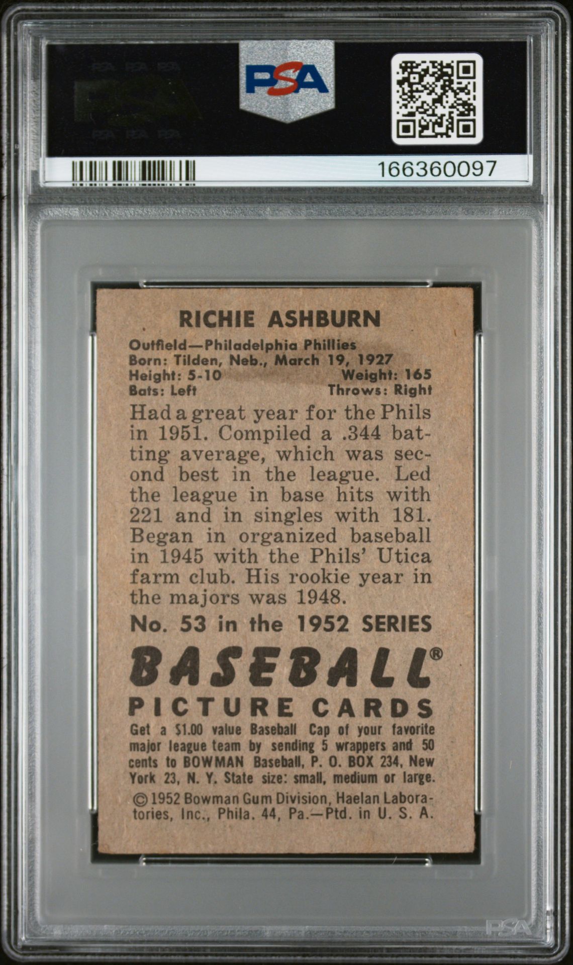 1952 Bowman Richie Ashburn #53 Fr 1.5 back