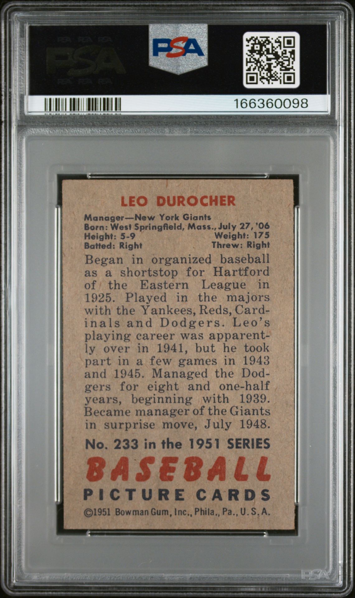 1951 Bowman Leo Durocher #233 Vg-Ex 4 back