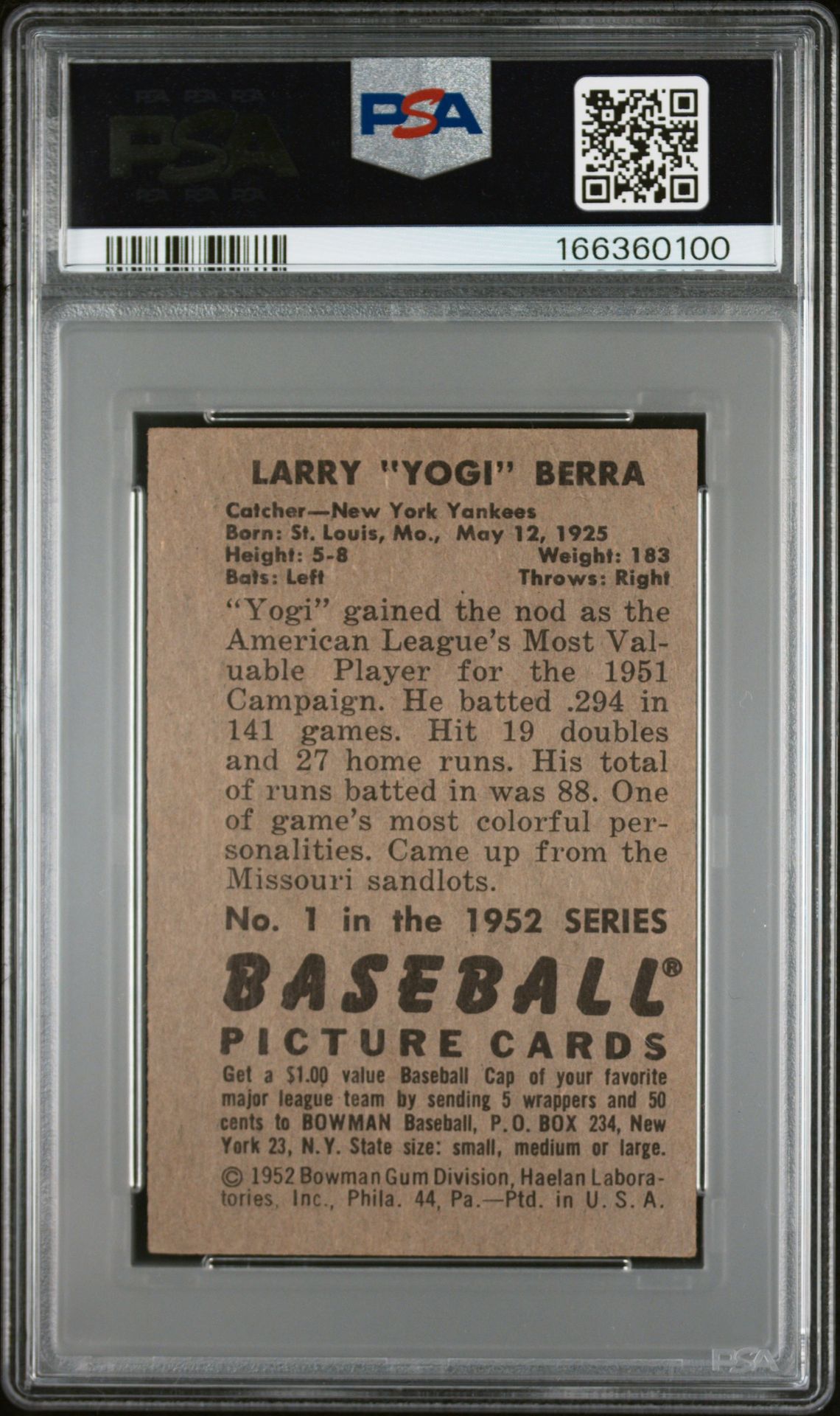 1952 Bowman Yogi Berra #1 Vg 3 back