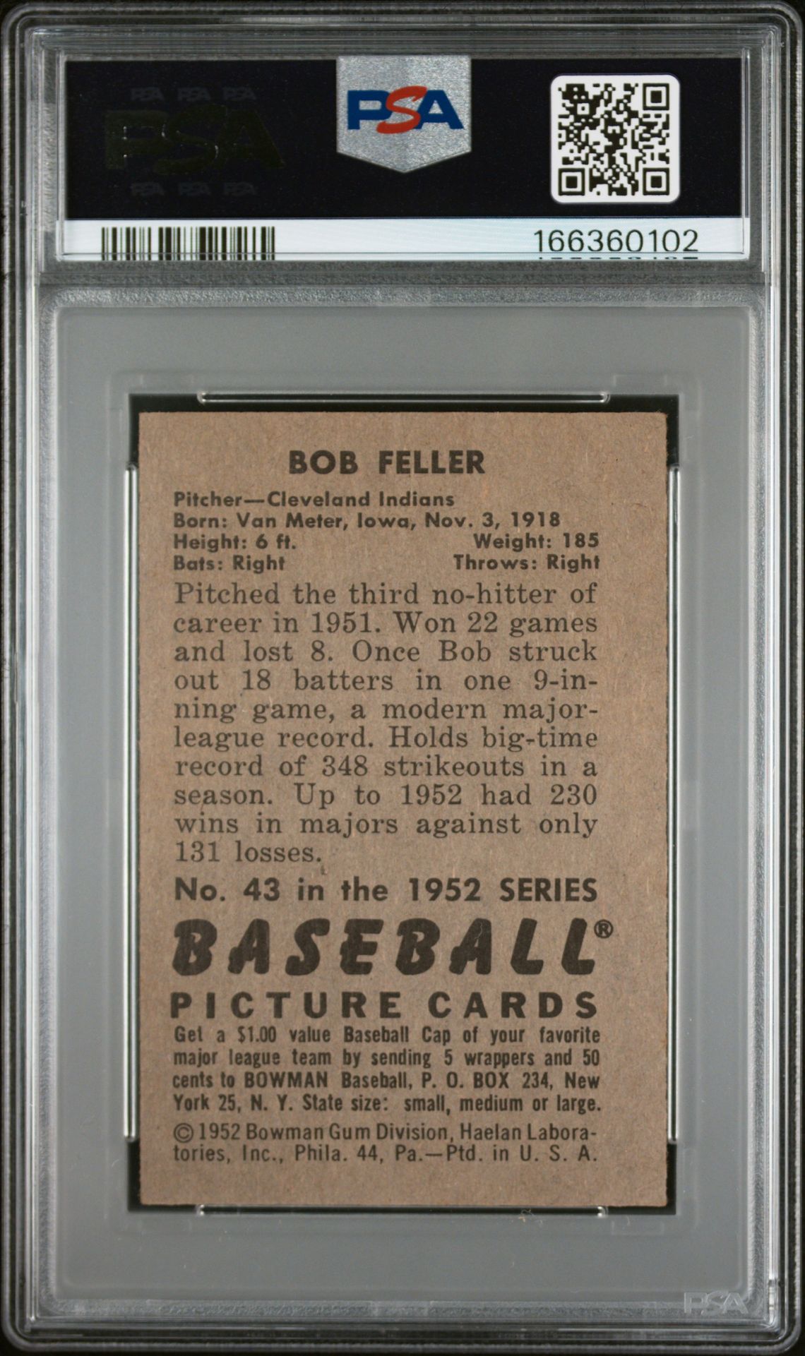 1952 Bowman Bob Feller #43 Ex 5 back