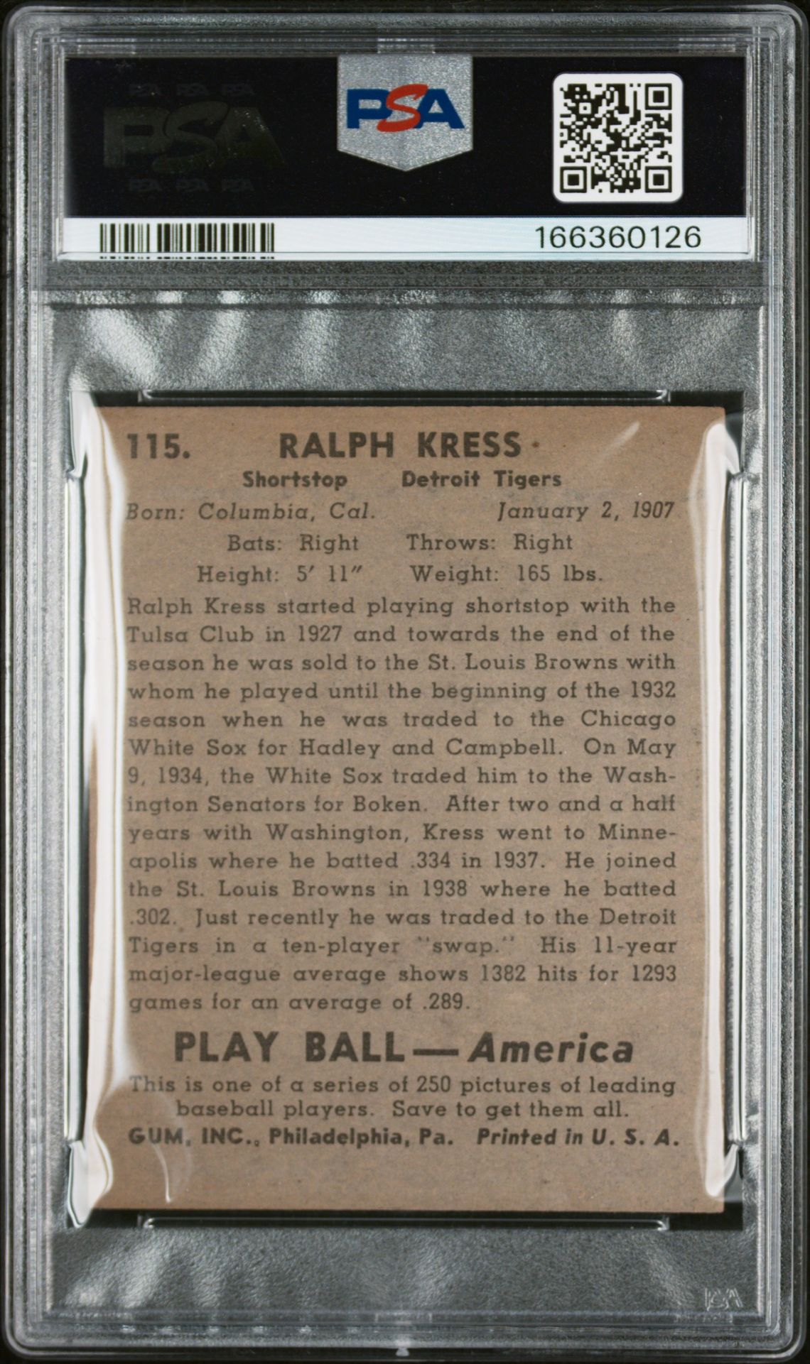 1939 Play Ball Red Kress #115 Vg-Ex 4 back