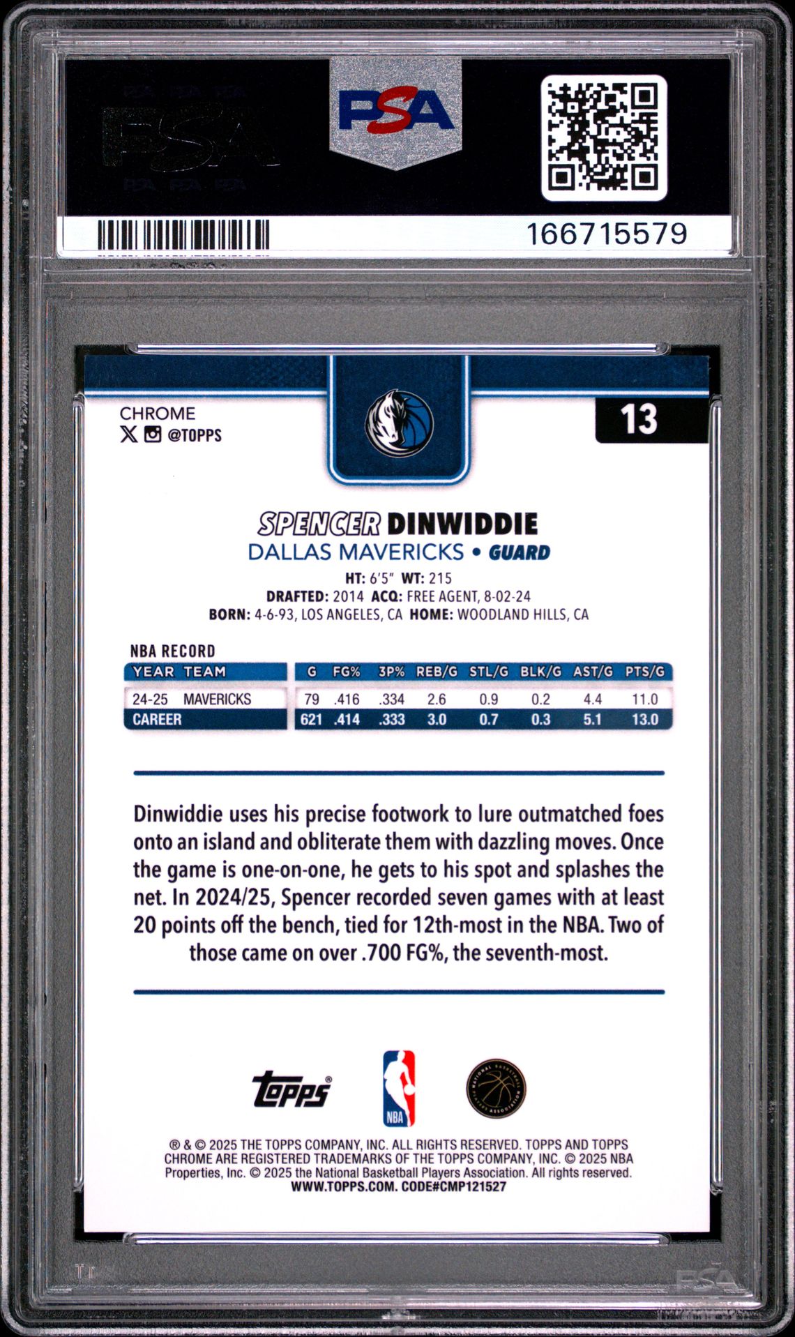 2025 Topps Chrome Spencer Dinwiddie #13 (Gold Refractor) Mint 9 back