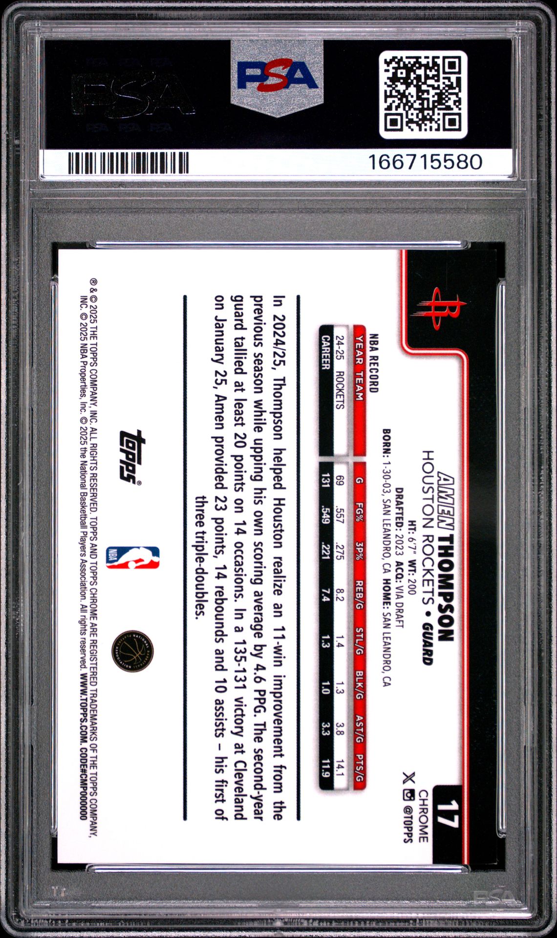 2025 Topps Chrome Amen Thompson #17 (Gold Refractor) Mint 9 back