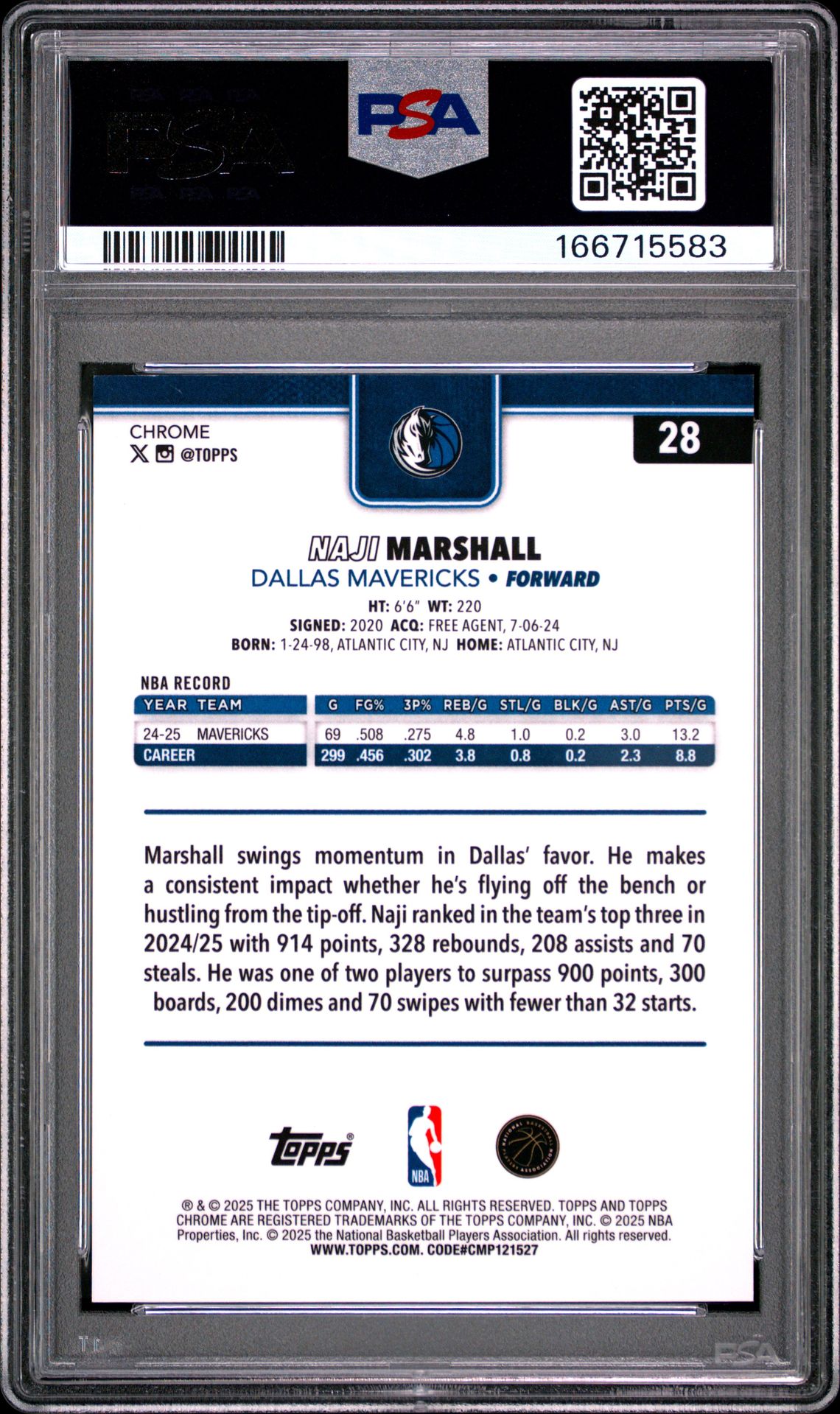2025 Topps Chrome Naji Marshall #28 (Gold Refractor) Mint 9 back