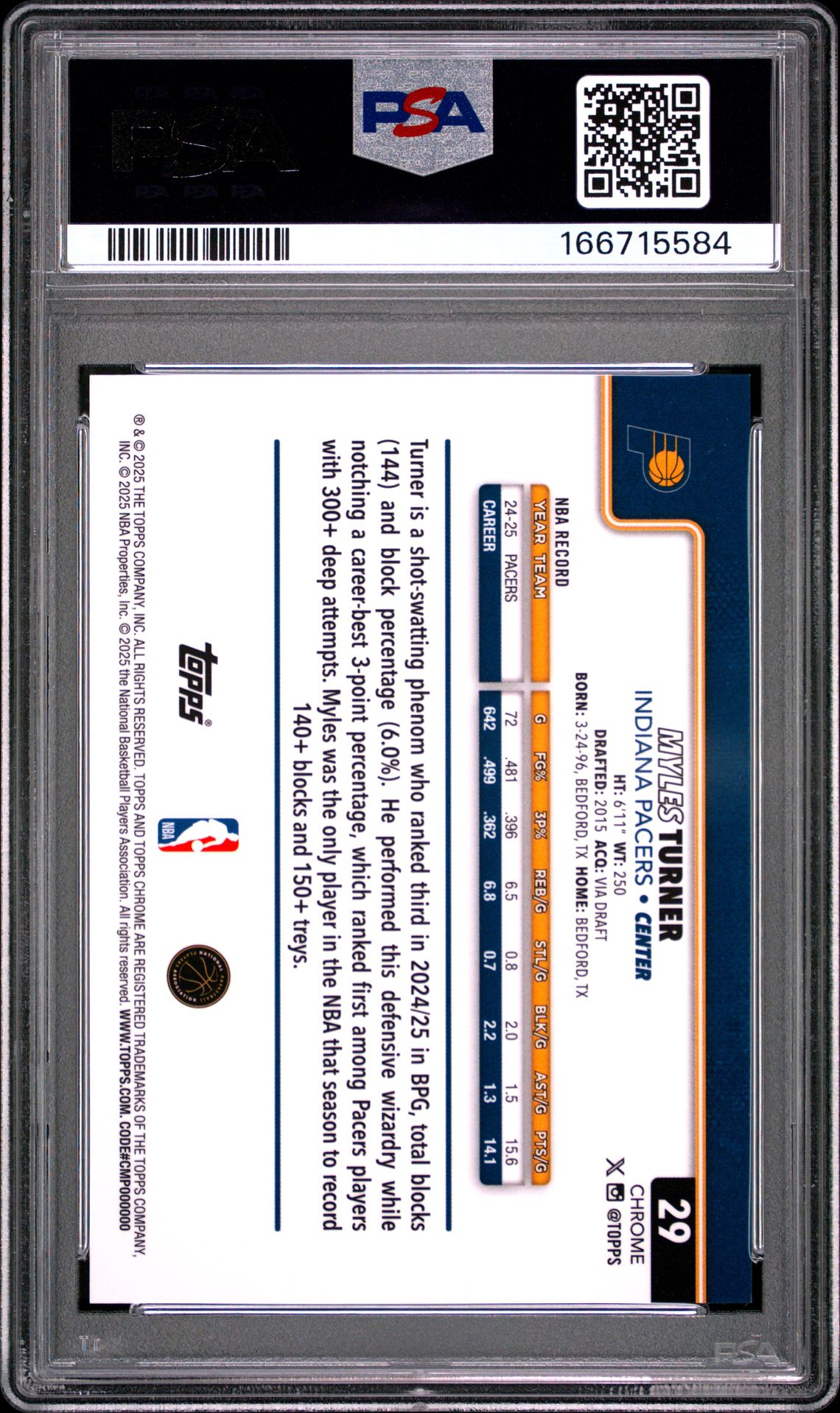 2025 Topps Chrome Myles Turner #29 (Gold Refractor) Mint 9 back