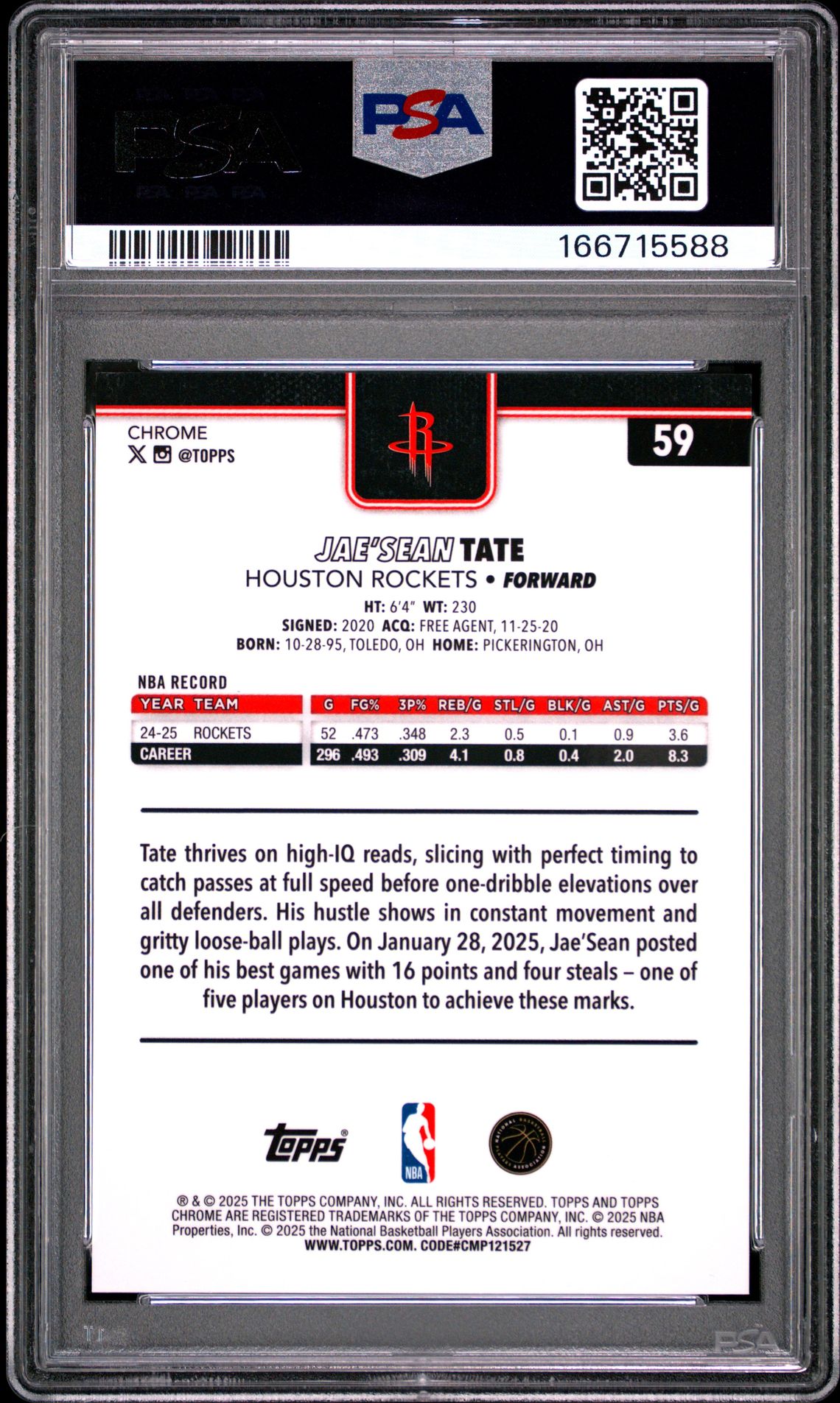 2025 Topps Chrome Jae'sean Tate #59 (Gold Refractor) Mint 9 back