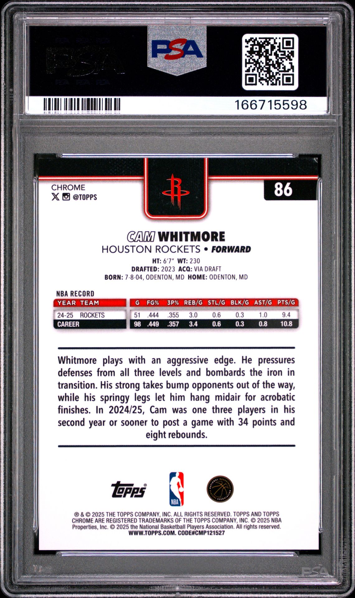 2025 Topps Chrome Cam Whitmore #86 (Gold Refractor) Nm-Mt 8 back